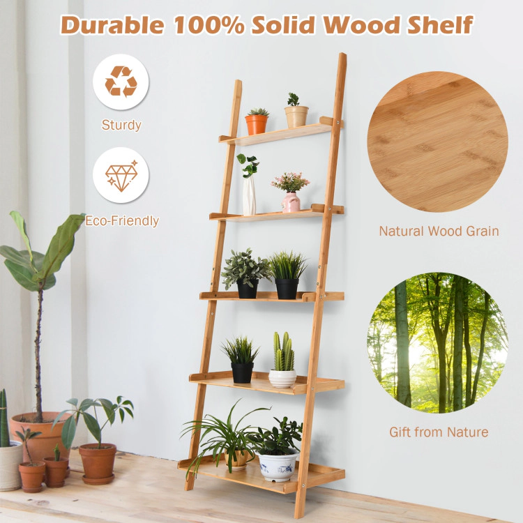 Hivvago 5-Tier Ladder Shelf Bamboo Bookshelf Wall-Leaning Storage Display Plant Stand