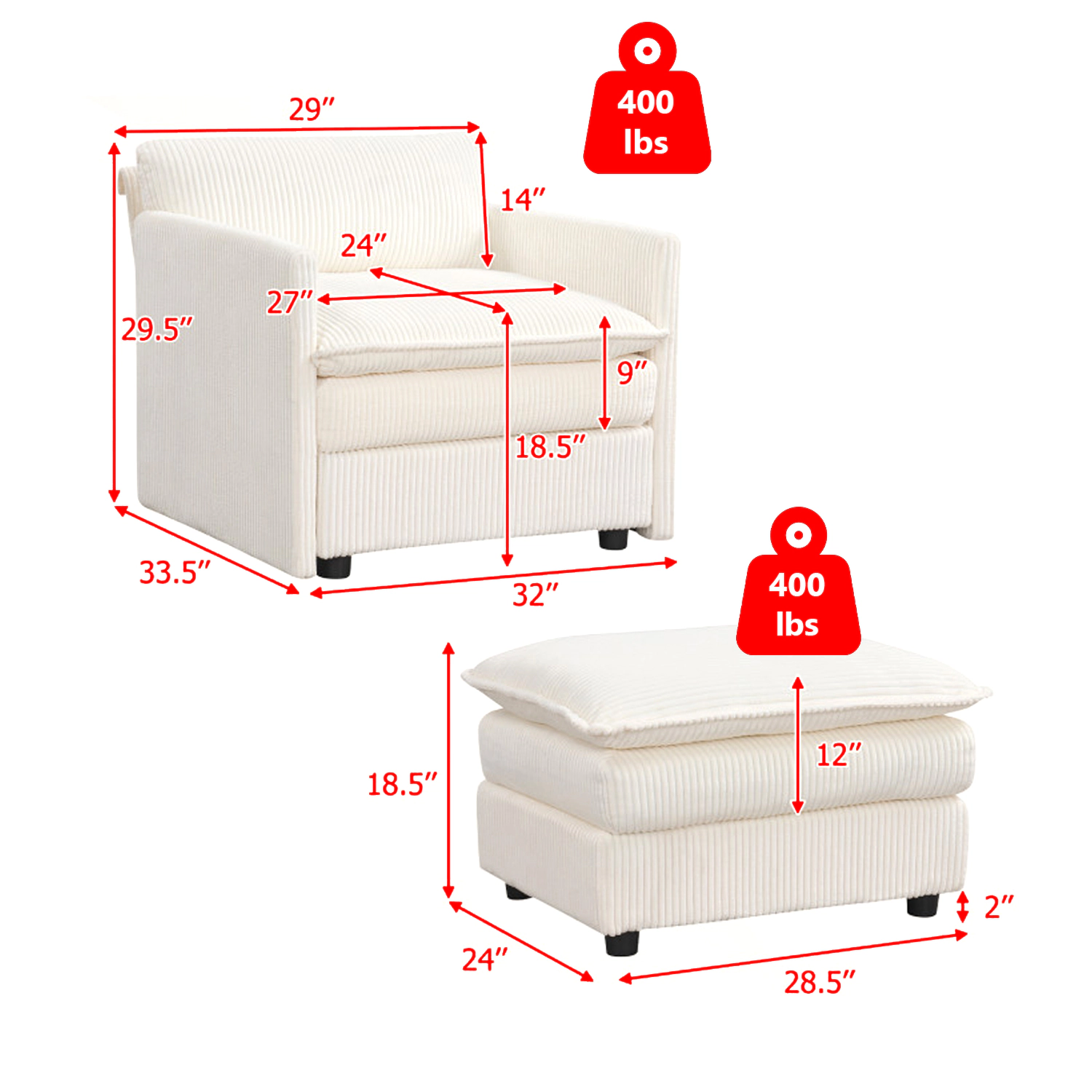 Hivvago Plush Corduroy Oversized Armchair with Matching Ottoman