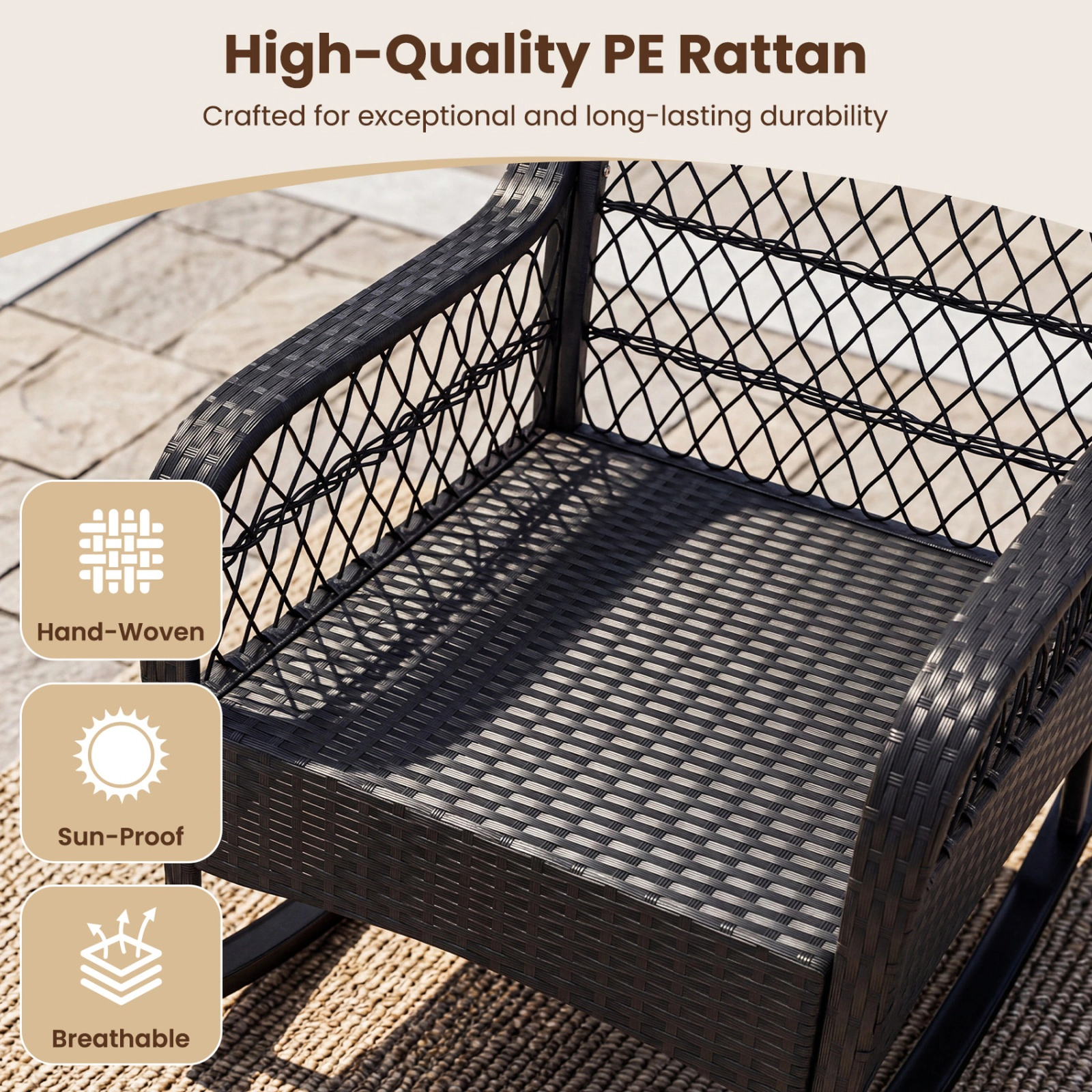 SUGIFT Black Anti-Tip Stoppers and 3-Piece Cushion Set Outdoor Wicker Rocking Chair
