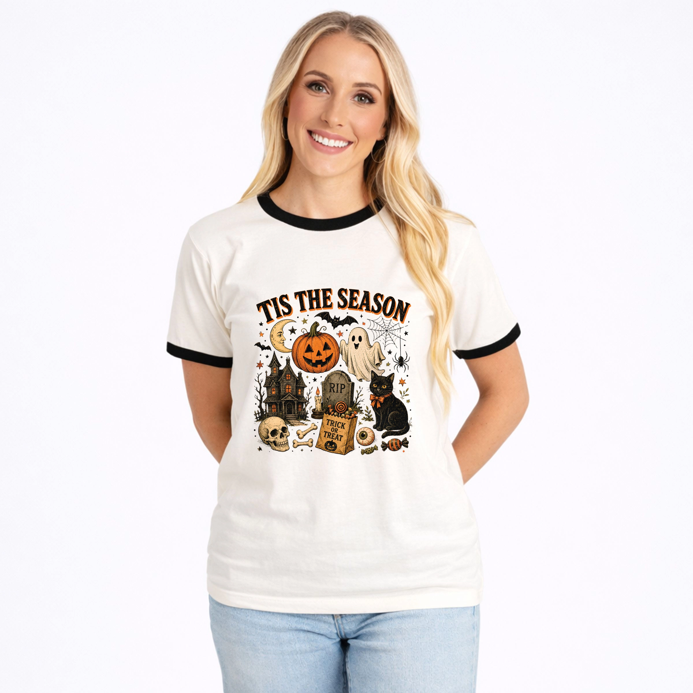 Simply Sage Market - Women's Ringer Graphic T-Shirt Tis The Season Haloween Collage