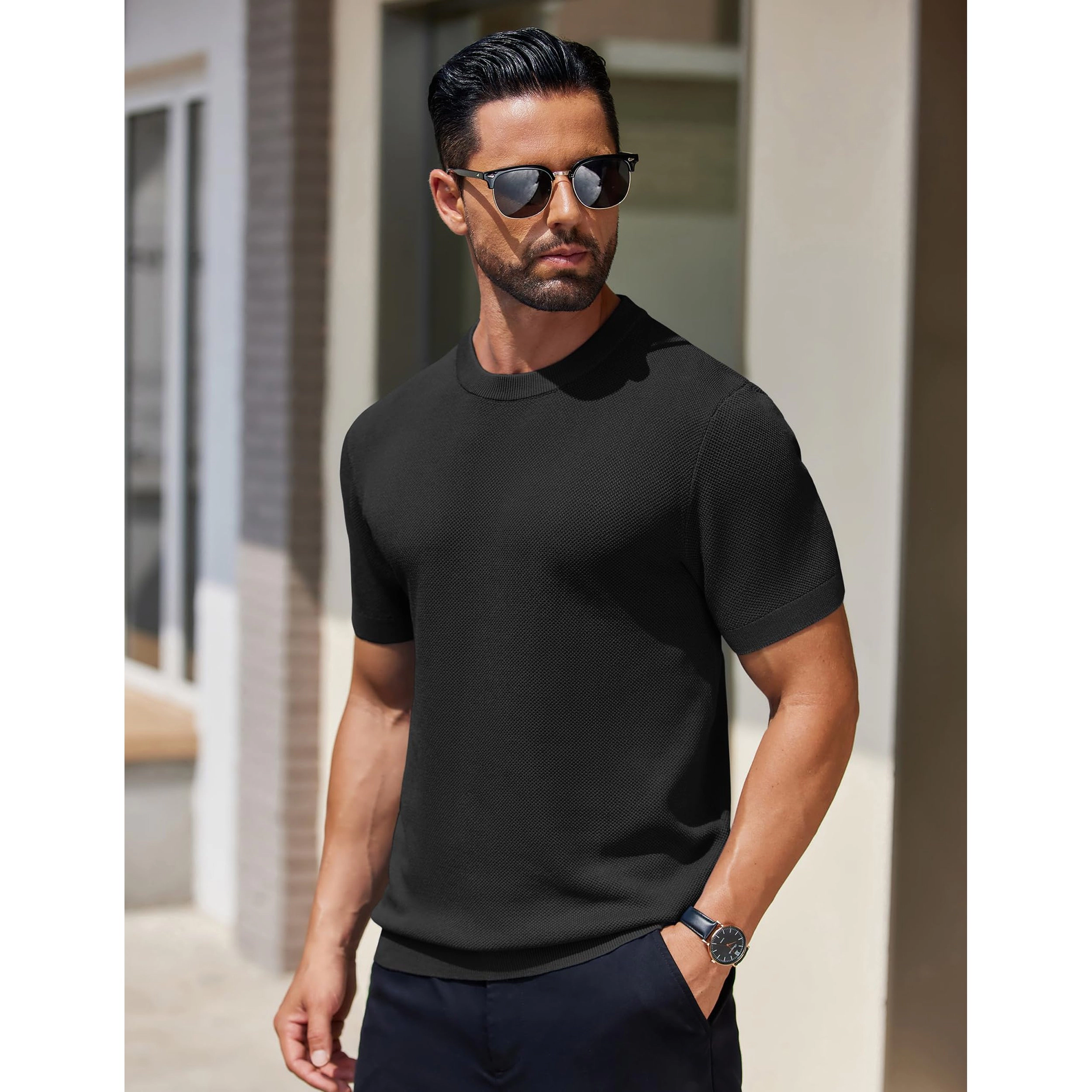 COOFANDY Mens Short Sleeve Knit T-Shirt Fall Crew Neck Ribbed Trim Casual Slim Tee