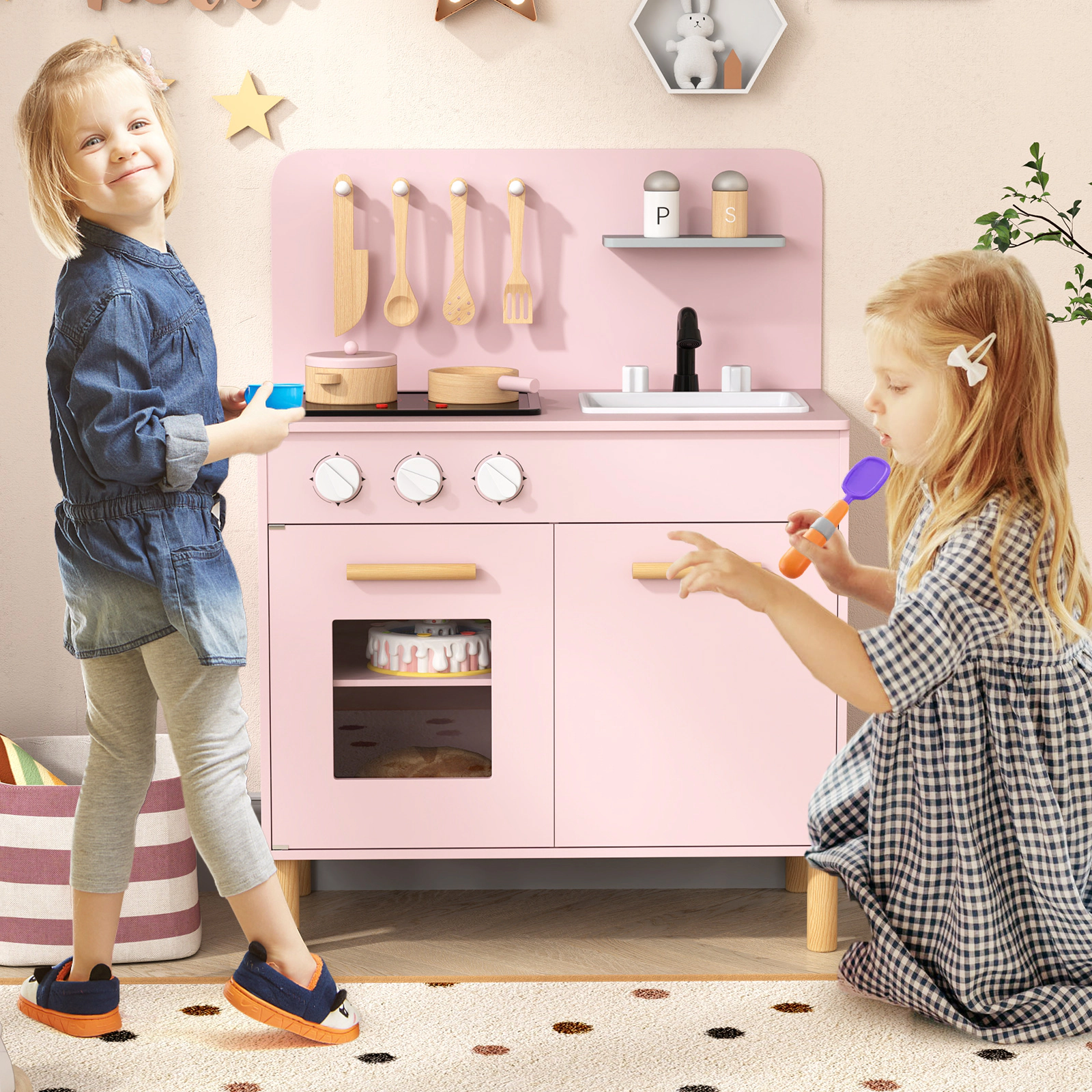 Kitchen Set for Kids Dual Light-Up Stoves Removable Sink Storage 22-in Wooden Play Kitchen Pine Wood Legs Ages 3+ Pink