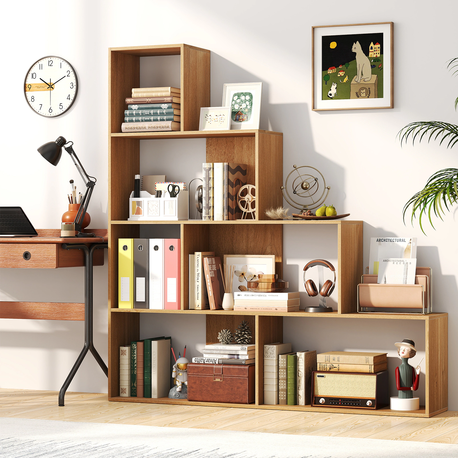 LJG 4-Tier Bookshelf Stair Bookcase with 6 Cubes Display Rack