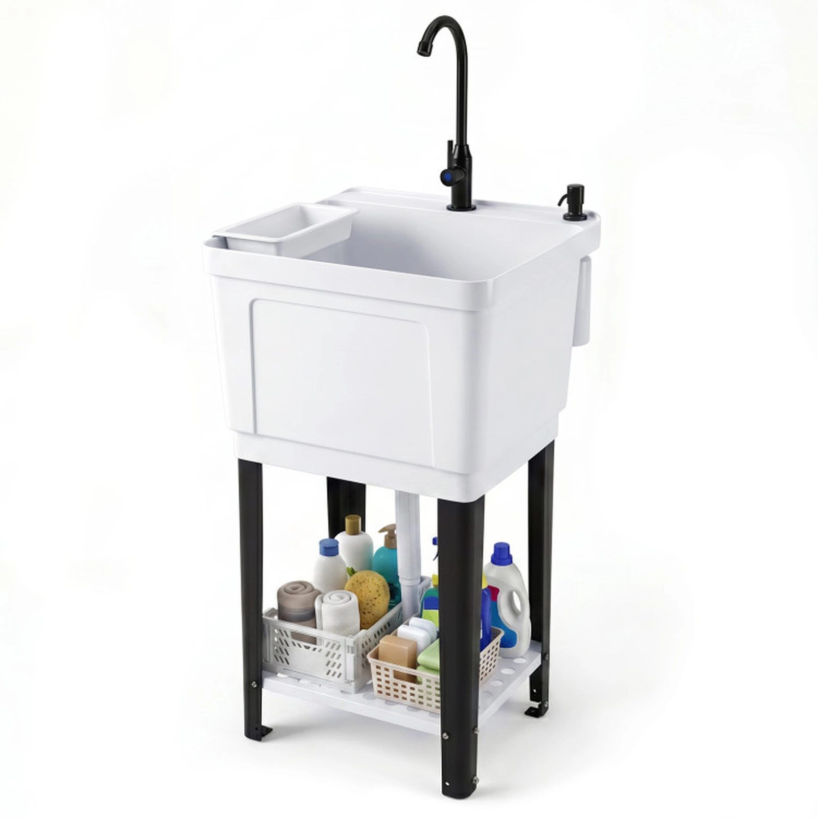 SUGIFT 21.1-gal Freestanding Utility Sink with 360-Degree Rotating Faucet Storage Rack and Adjustable Legs