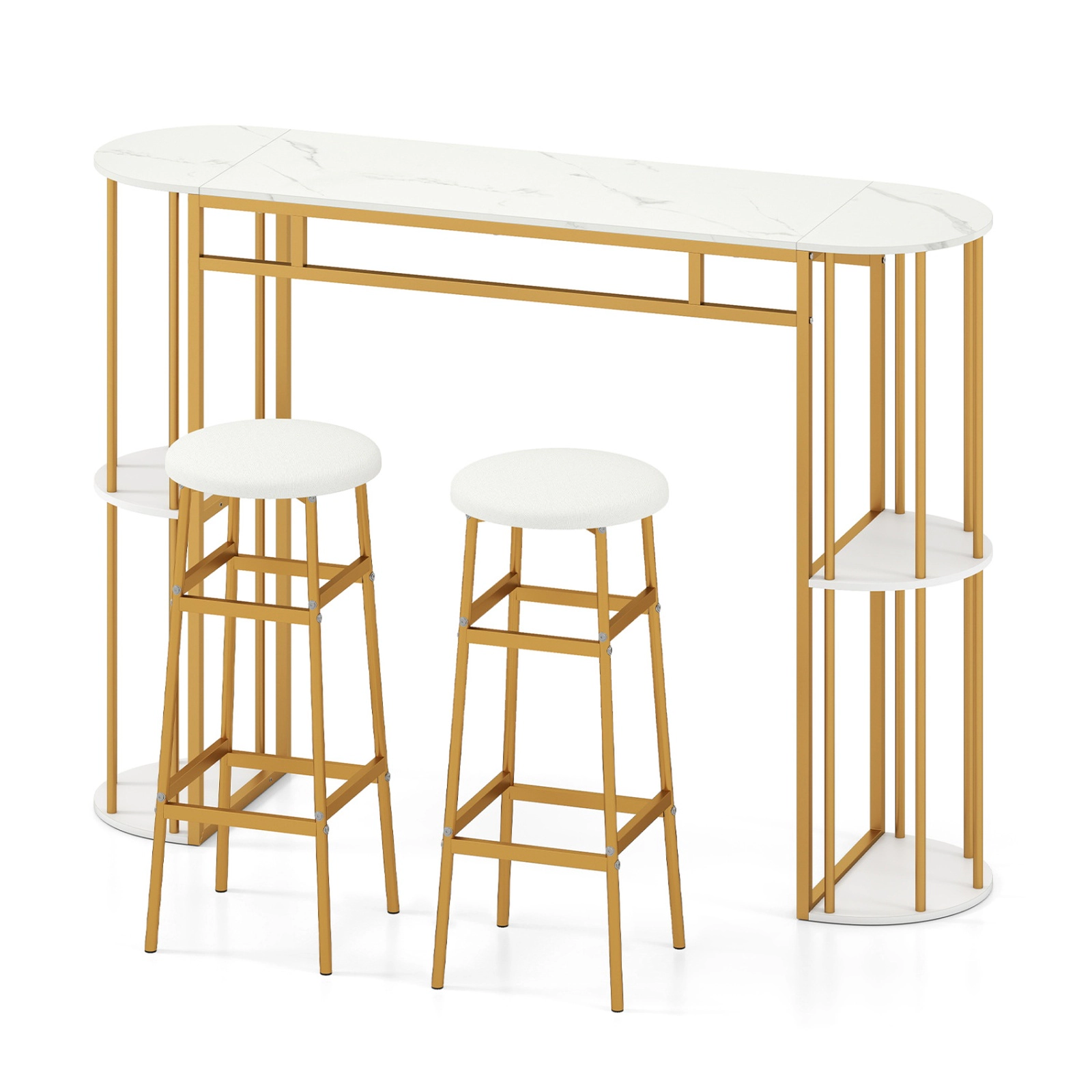 SUGIFT 3 Piece Bar Table Set White 60 in Faux Marble Table with 2 Upholstered Barstools