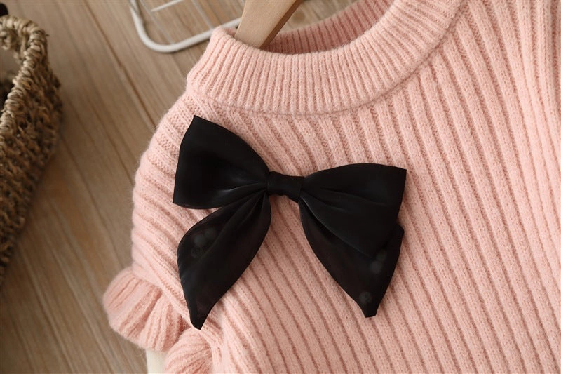 MyKids-USA Baby Solid Color Bow Patched Sweater With Pants Sets