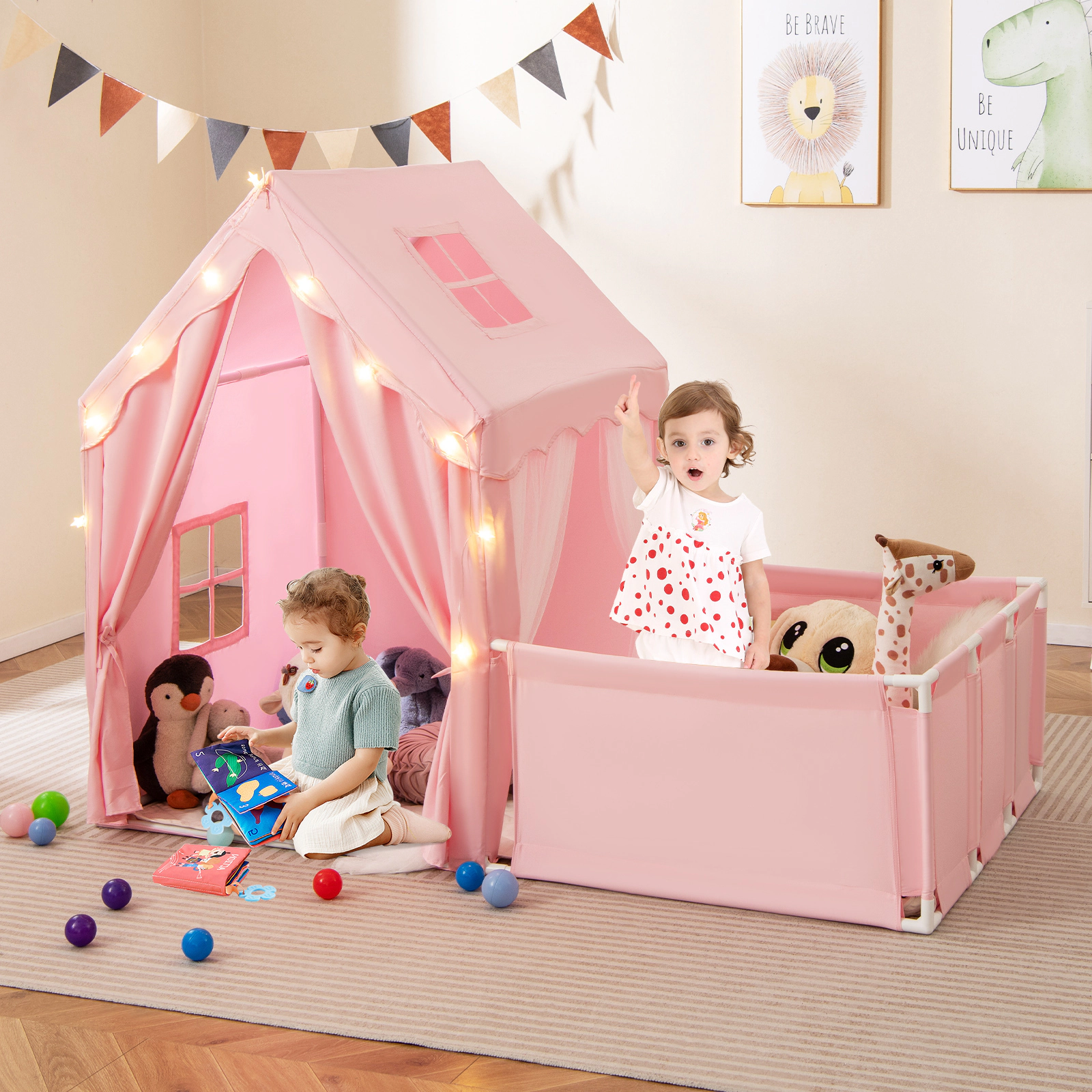 Kids Play Tent with Playpen 2-in-1 Indoor Playhouse with Attached Play Yard Star Light String Washable Mat 2 Doors Pink