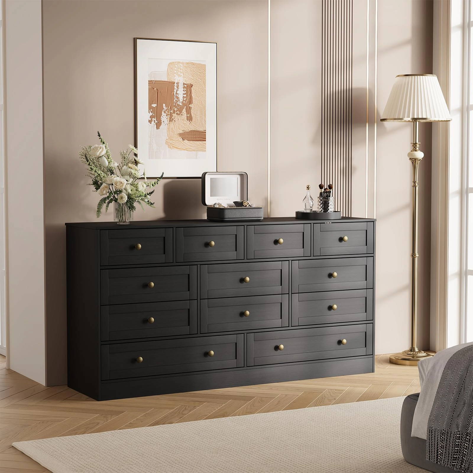 12 Drawer Wooden Dresser, Modern TV Stand for 65" TV, Storage Organizer Bedroom or Living Room