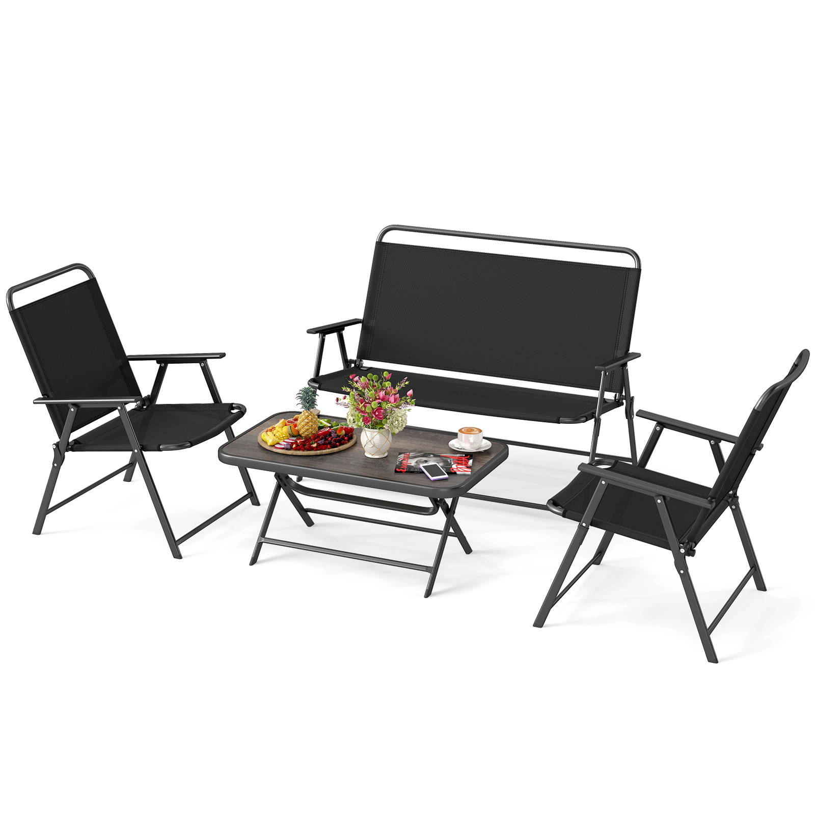 SUGIFT 4-Piece Folding Patio Conversation Set with SPC Coffee Table and Patio Chairs Black Fabric and Metal