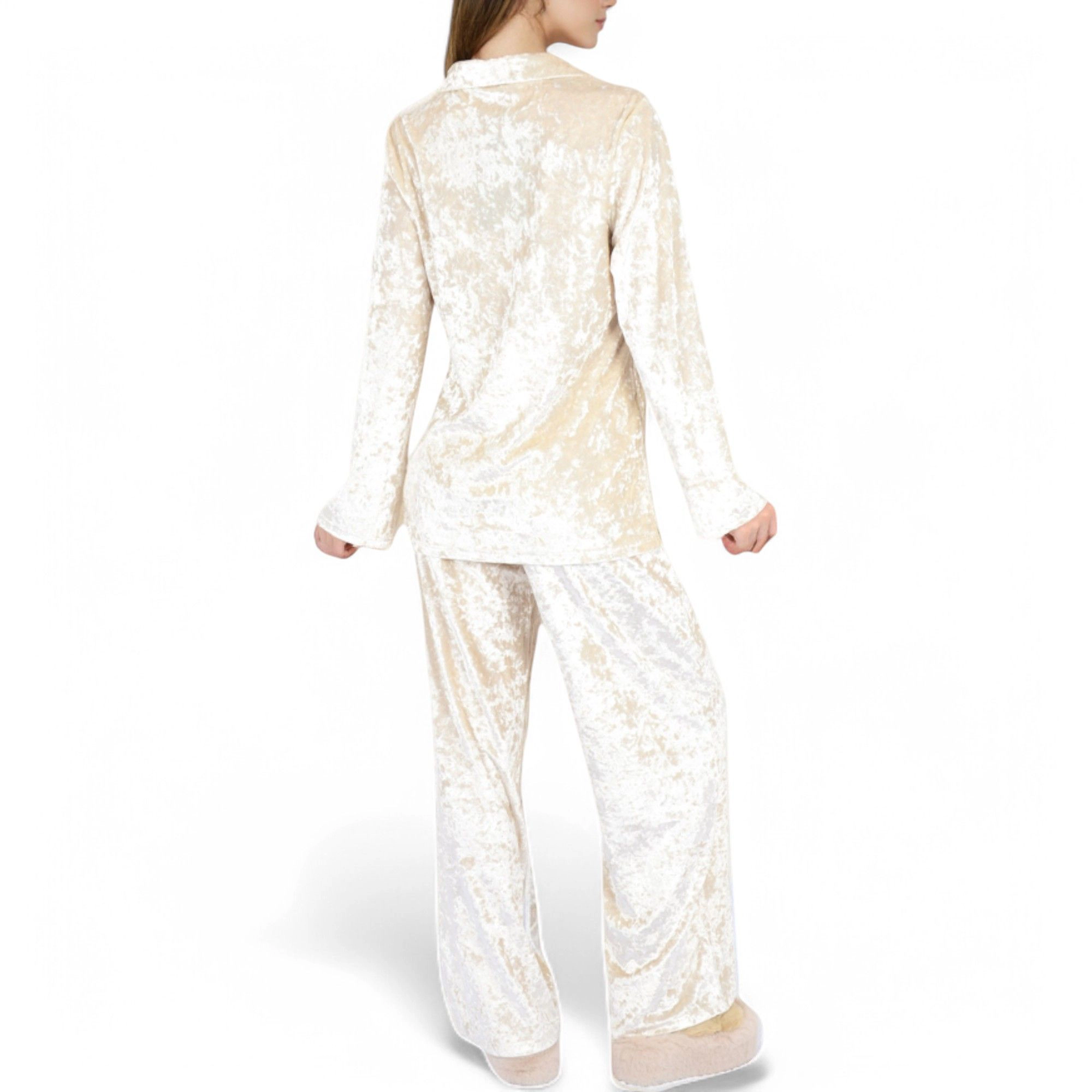 Anna-Kaci Women's Crushed Velvet Lounge Set with Button Up Long Sleeve Top and Wide Leg Pants