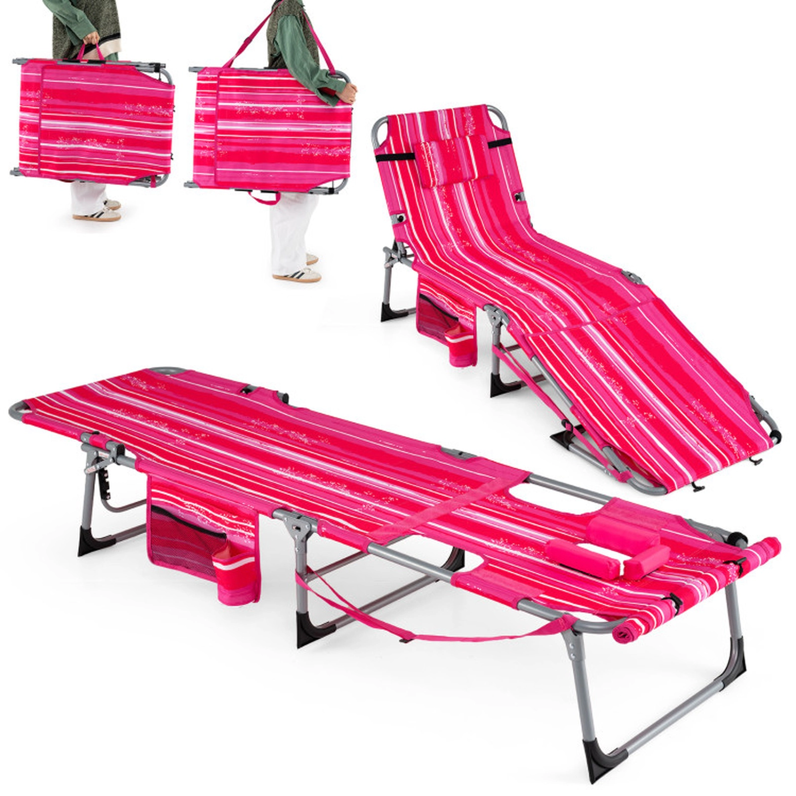 SUGIFT Set of 2 Portable Tanning Chairs with Face and Arm Holes 330-Lb Capacity 76.5-in Adjustable Backrest Pink Strip