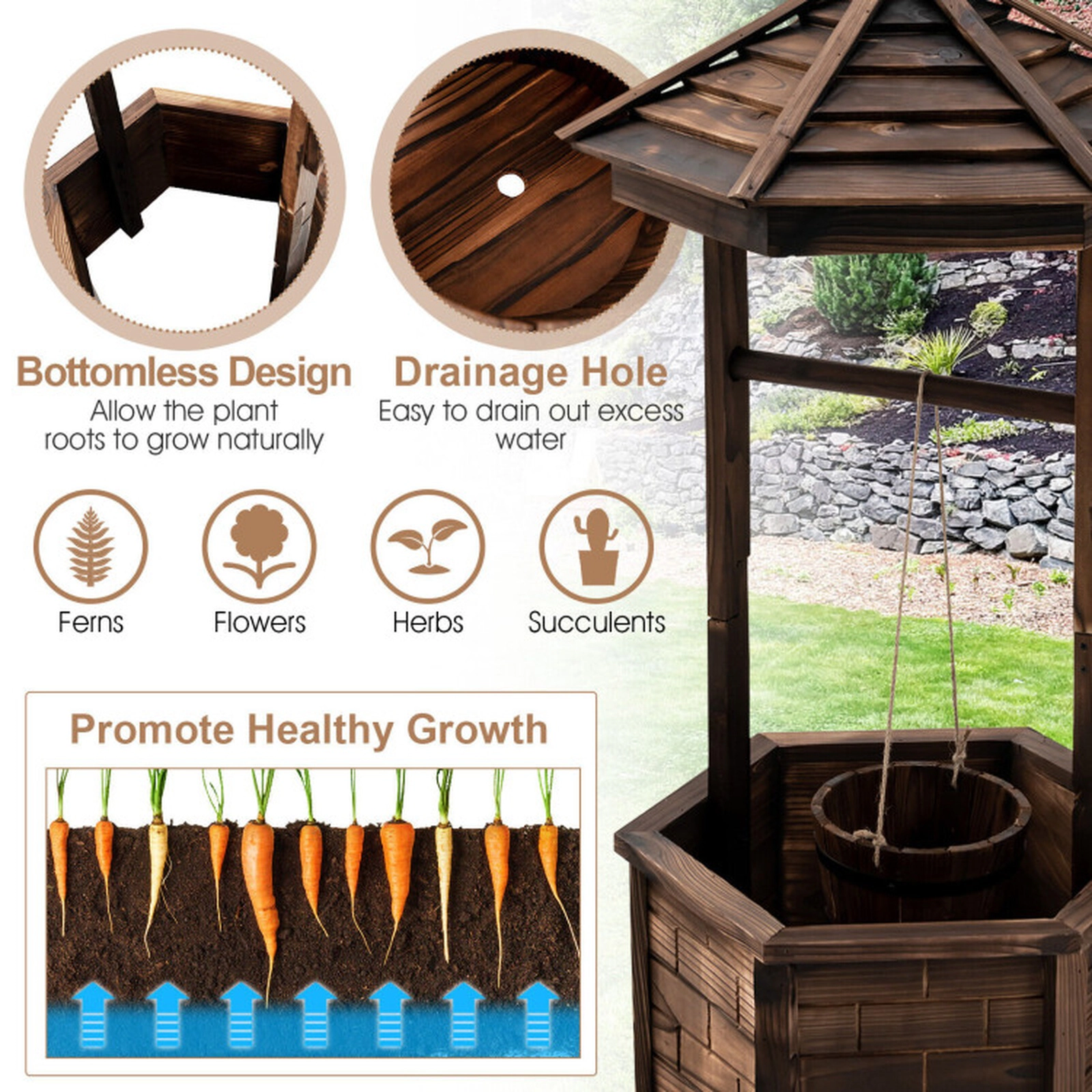 SUGIFT Brown Rustic Fir Wood Wishing Well Planter with Hanging Bucket 24.5-in W 24.5-in D 49-in H 21-in Base