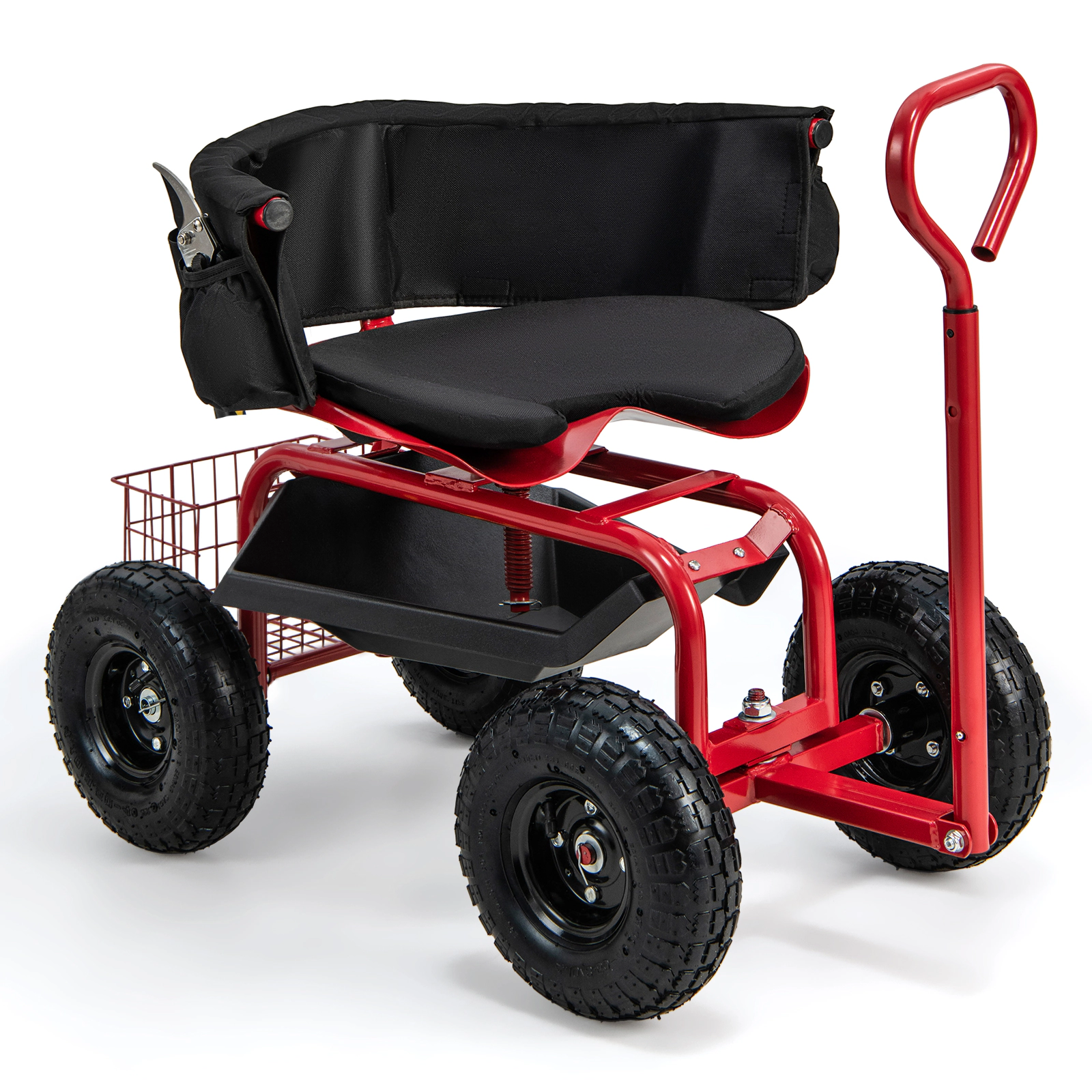 SUGIFT Rolling Garden Cart Scooter with Cushioned Seat and Adjustable Steering Handle