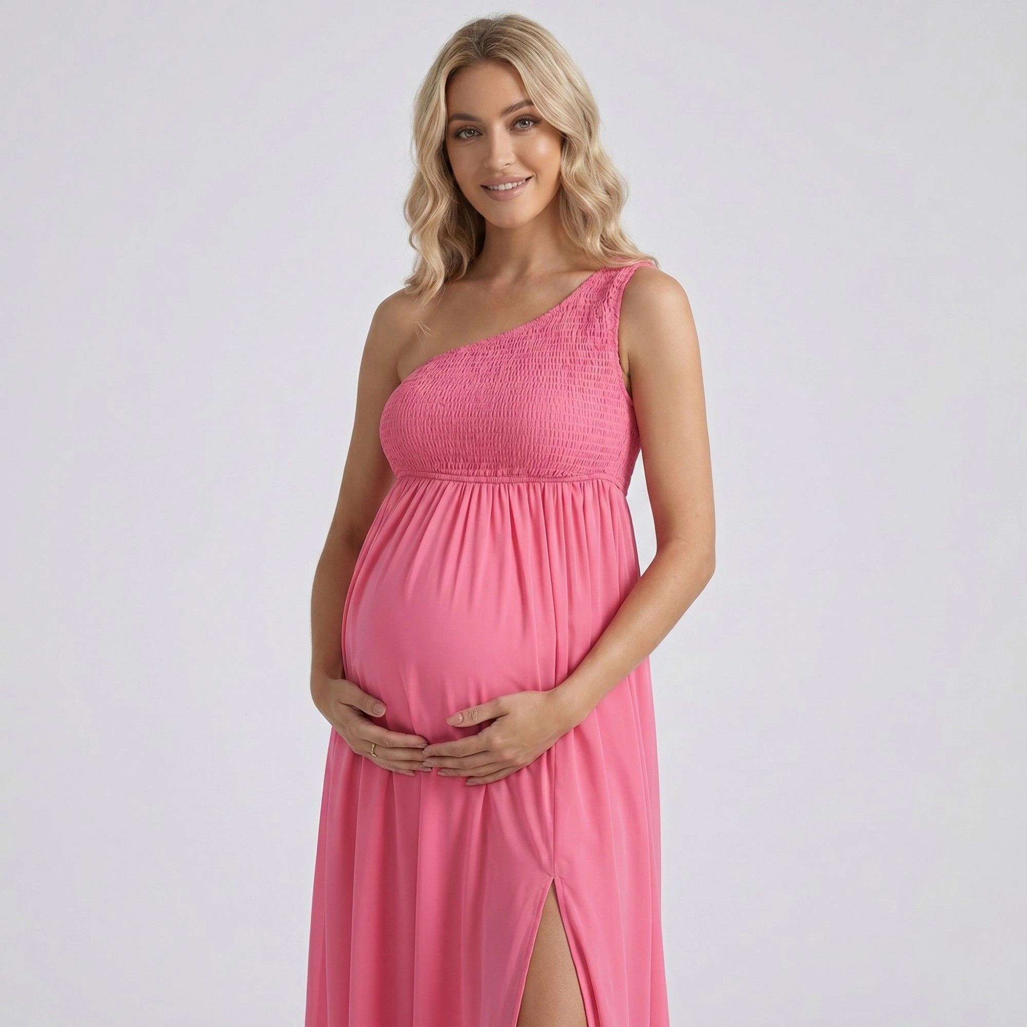 Anna-Kaci Women's One Shoulder Smocked Bodice Flowing Skirt Maternity Maxi Dress