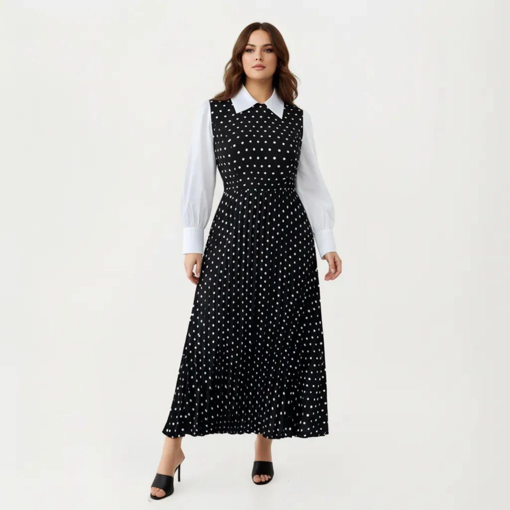 Anna-Kaci Women's Long Sleeve Polka Dot Collared Neck Contrast Detail Pleated Skirt Midi Dress
