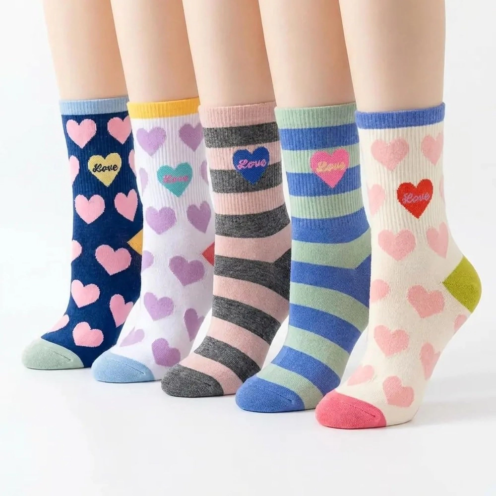 Wardrobe Whimsy 5 Pairs Heart Pattern Socks Novelty Cartoon Crew Mid Calf Socks
