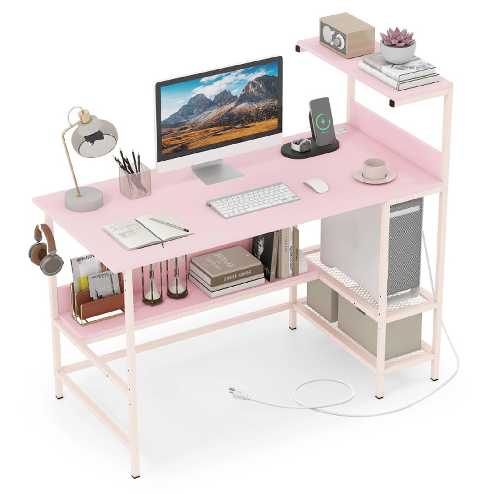 SUGIFT Pink Power Outlets Mesh Storage Shelves and Hanging Hook 48 Inch Computer Desk