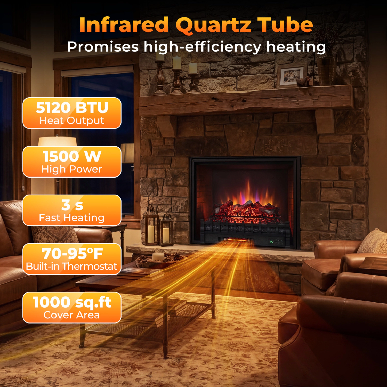 LJG 26 Inch WiFi Infrared Quartz Electric Fireplace Insert Logs Heater with Realistic Lemonwood Logs