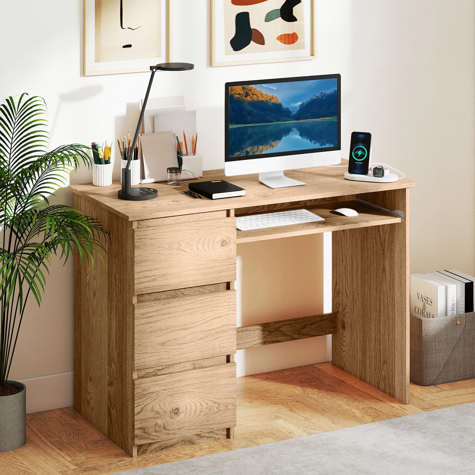 LJG Computer Desk with Power Outlet Keyboard Tray and 3 Large Drawers