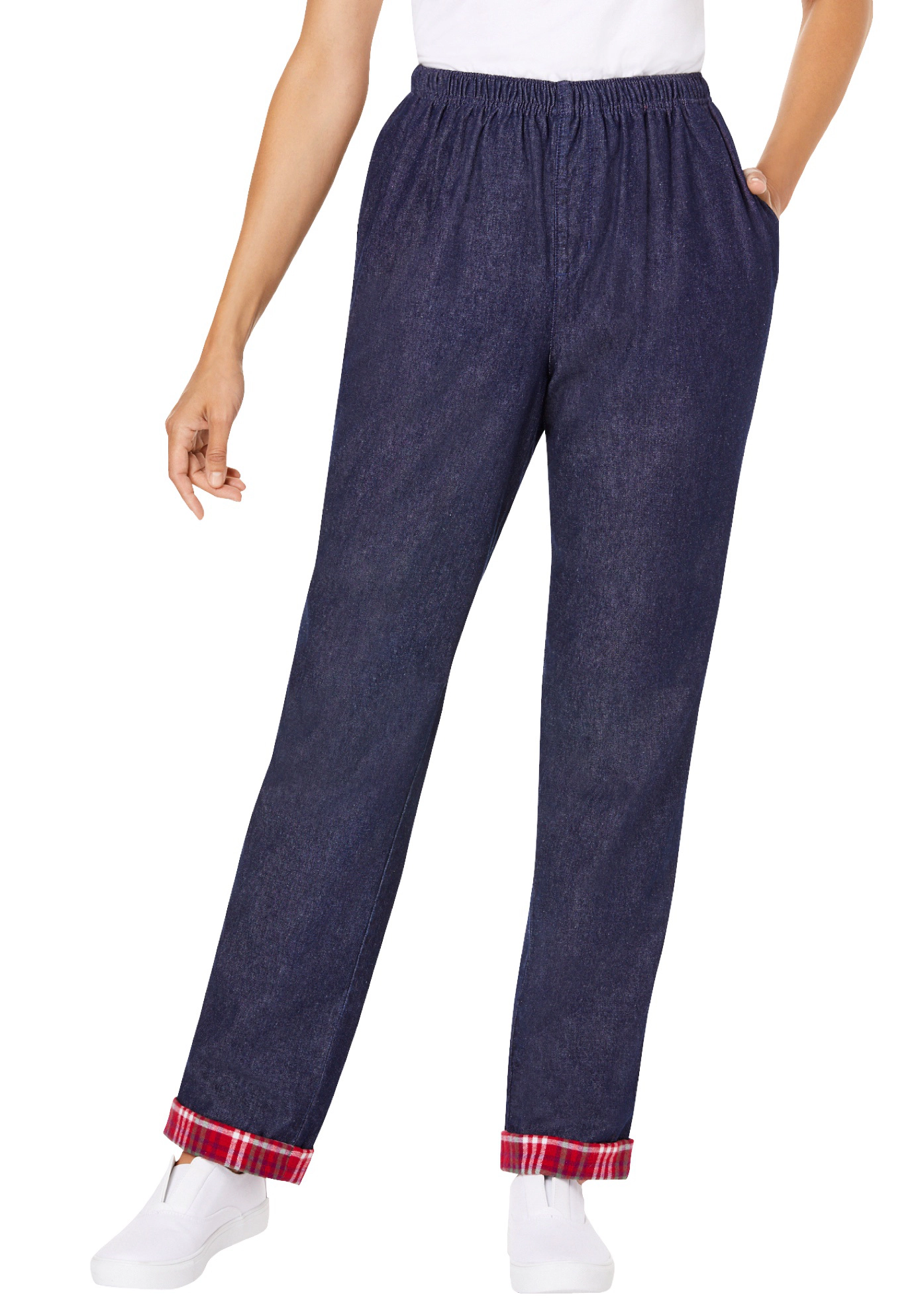 Woman Within Plus Elastic-Waist Cotton Straight Leg Denim Pant with Flannel Lining