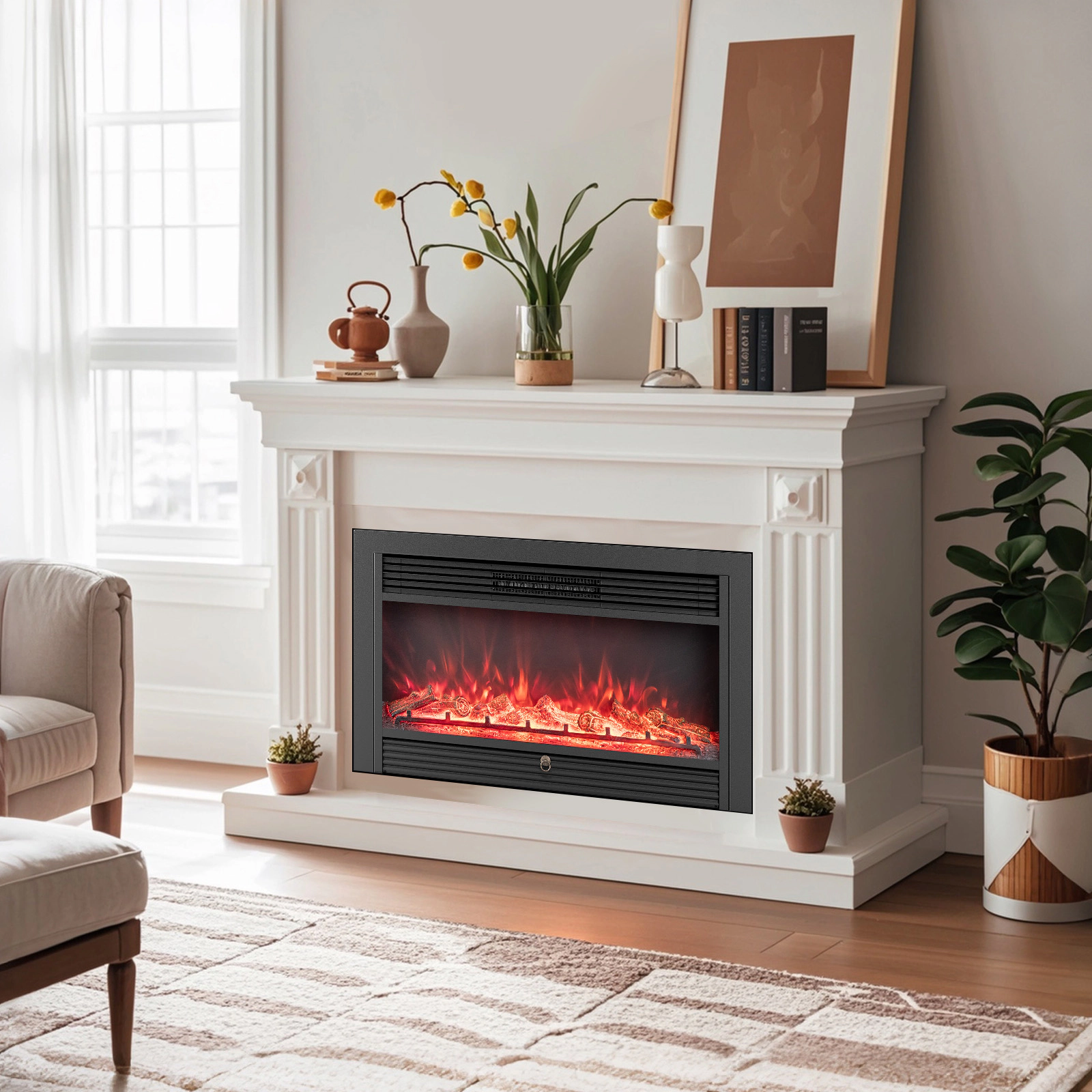 SUGIFT 33-In Recessed Electric Fireplace Insert, 5,000 BTU, Adjustable Thermostat, 750W/1,500W, 8H Timer