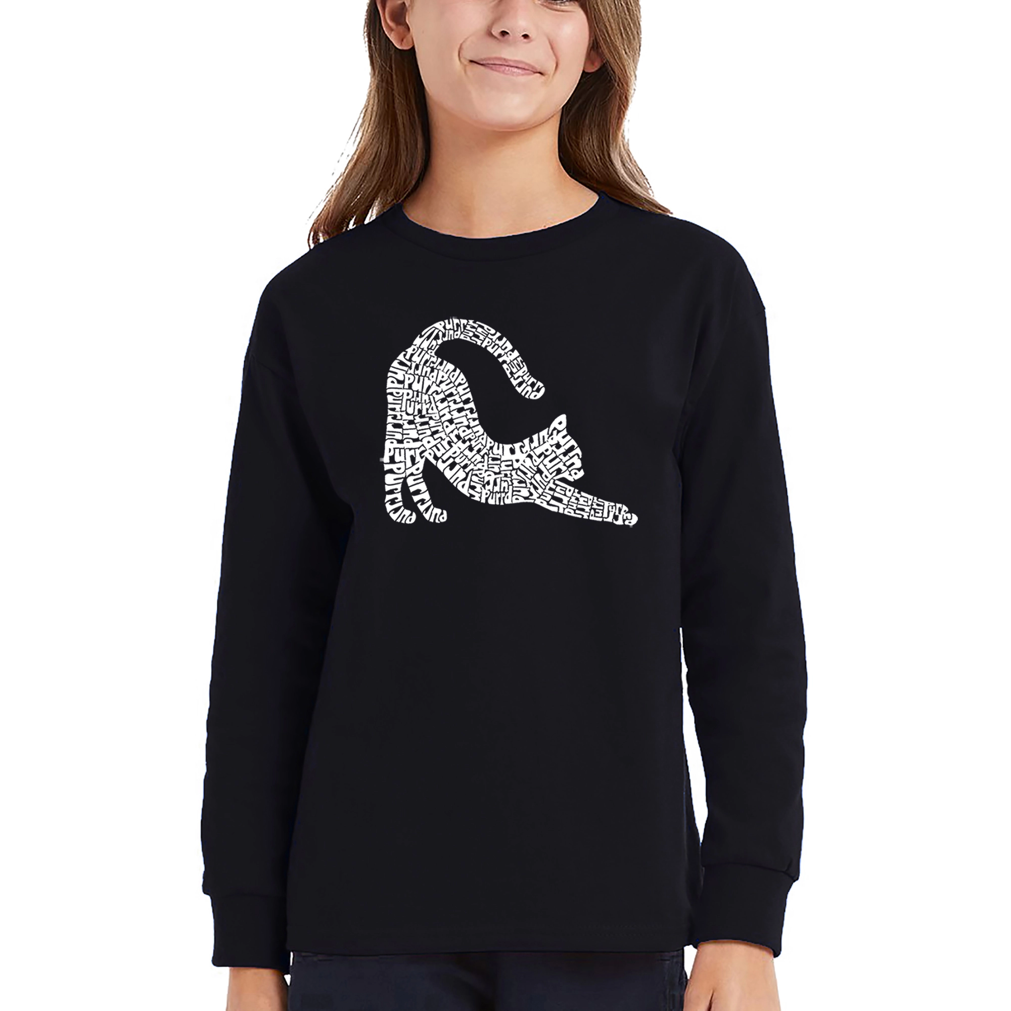LA Pop Art Girls Long Sleeve Word T-Shirt - Stretching Cat