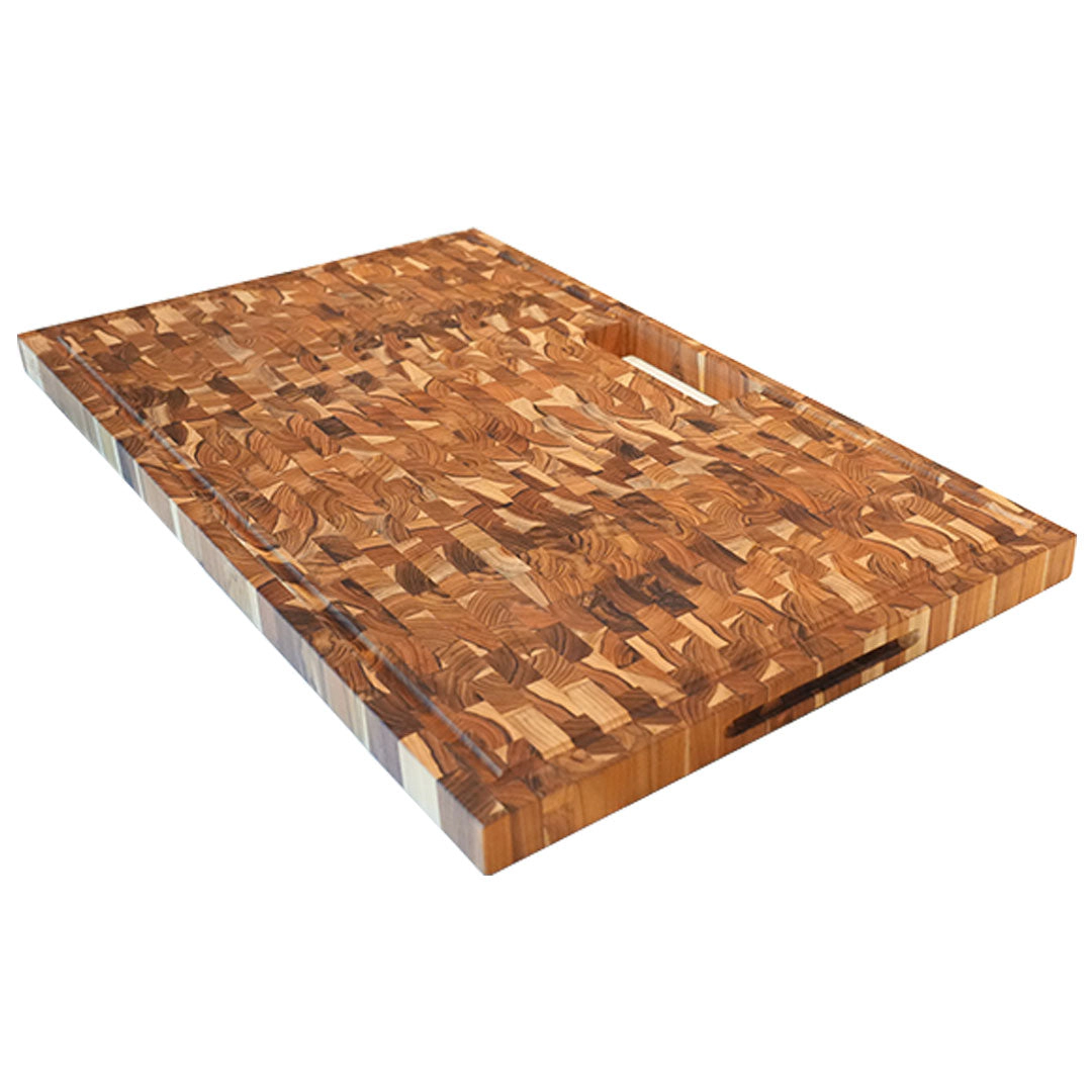 EcoDecors 34" x 20" Extra-Large Solid Teak End Grain Cutting Board with Juice Groove, Waste Slot and Handles