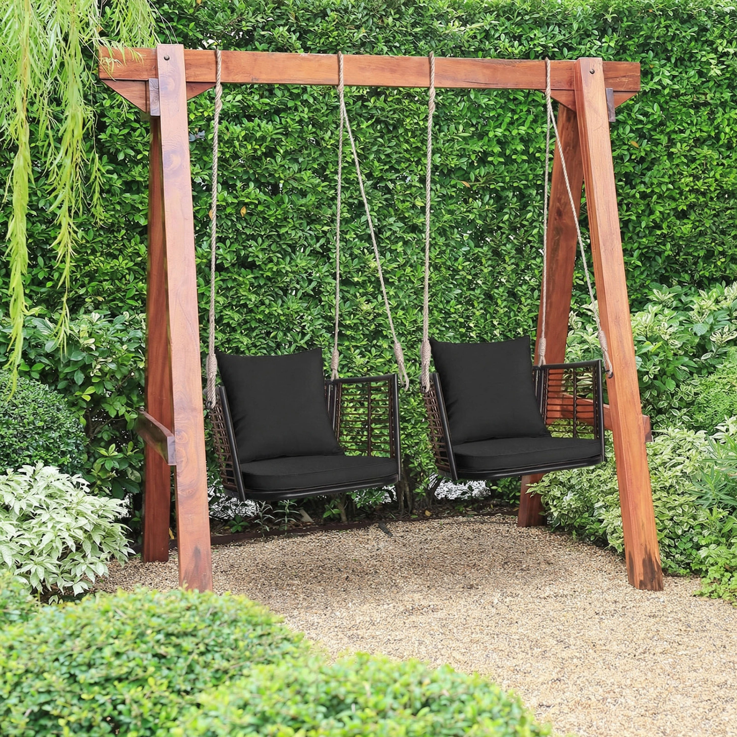 LJG Single Person Hanging Seat with Woven Rattan Backrest for Backyard