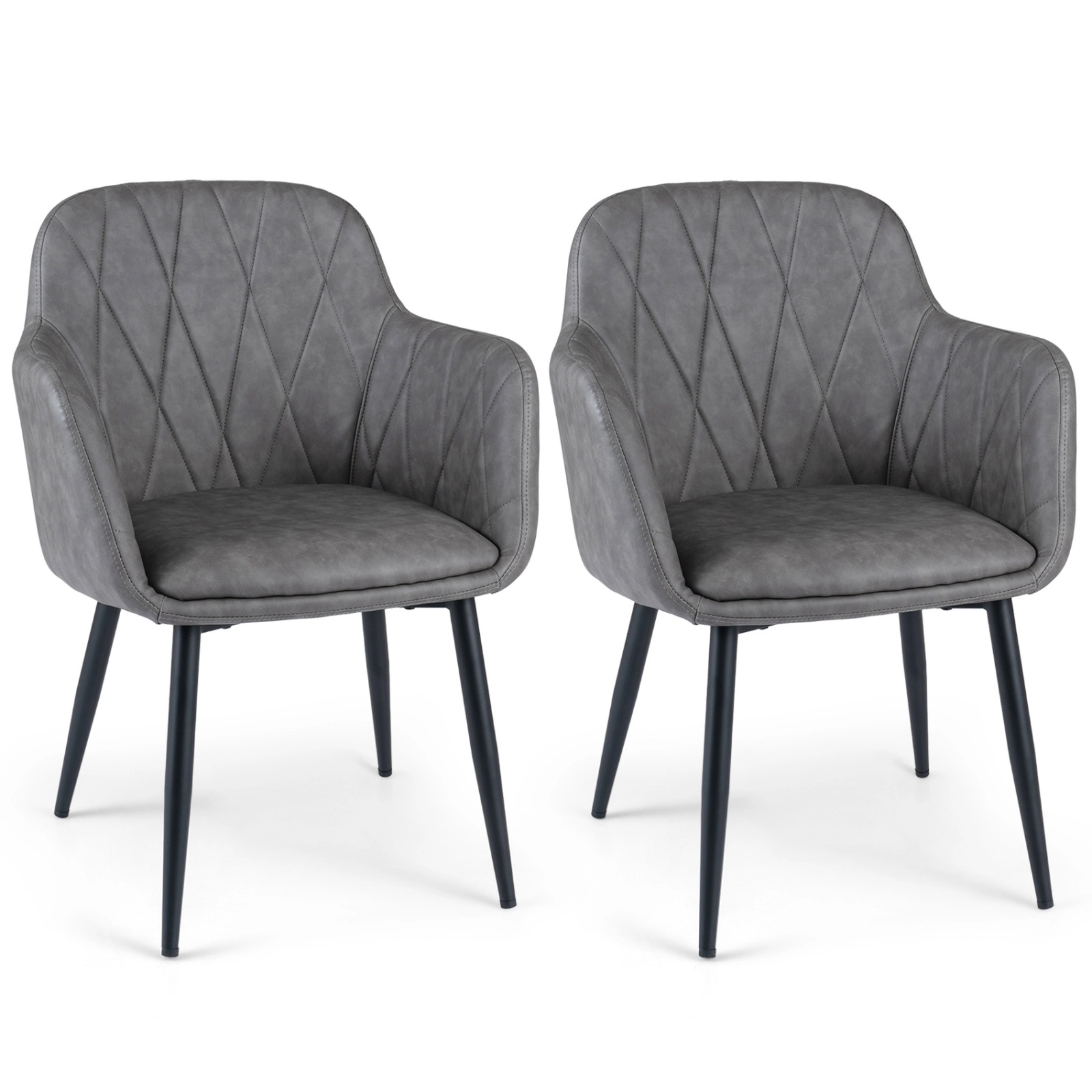 SUGIFT Set of 2 Gray PU Leather Dining Armchairs with Curved Back and Metal Legs