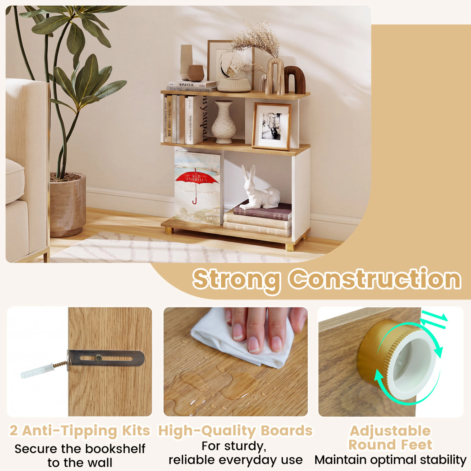 Hivvago S Curve Bookshelf with Open Shelves and Adjustable Feet