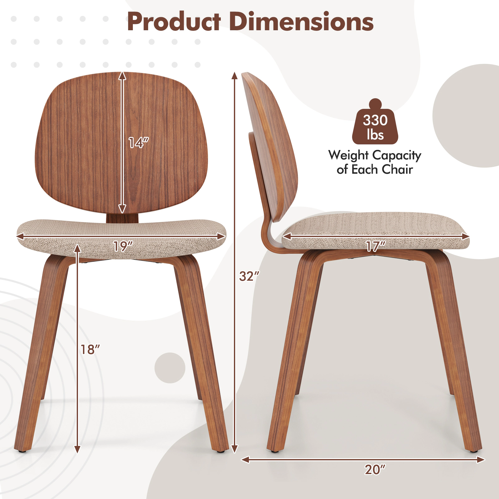 LJG Wooden Dining Chair Set of 2 with Bentwood Frame and