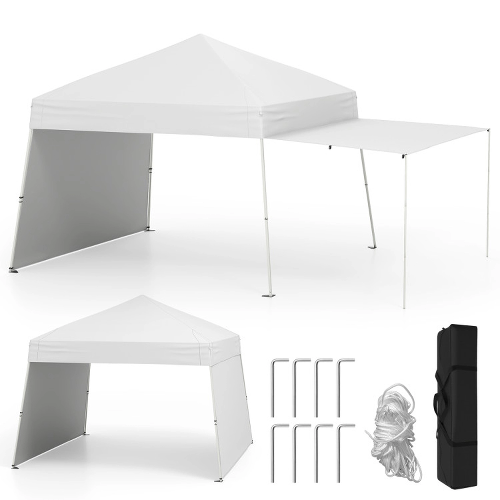 SUGIFT White Pop Up Canopy Tent with 2 Sidewalls Convertible to Awning and 8 Stakes 14-ft W 9.2-ft D 8.3-ft H