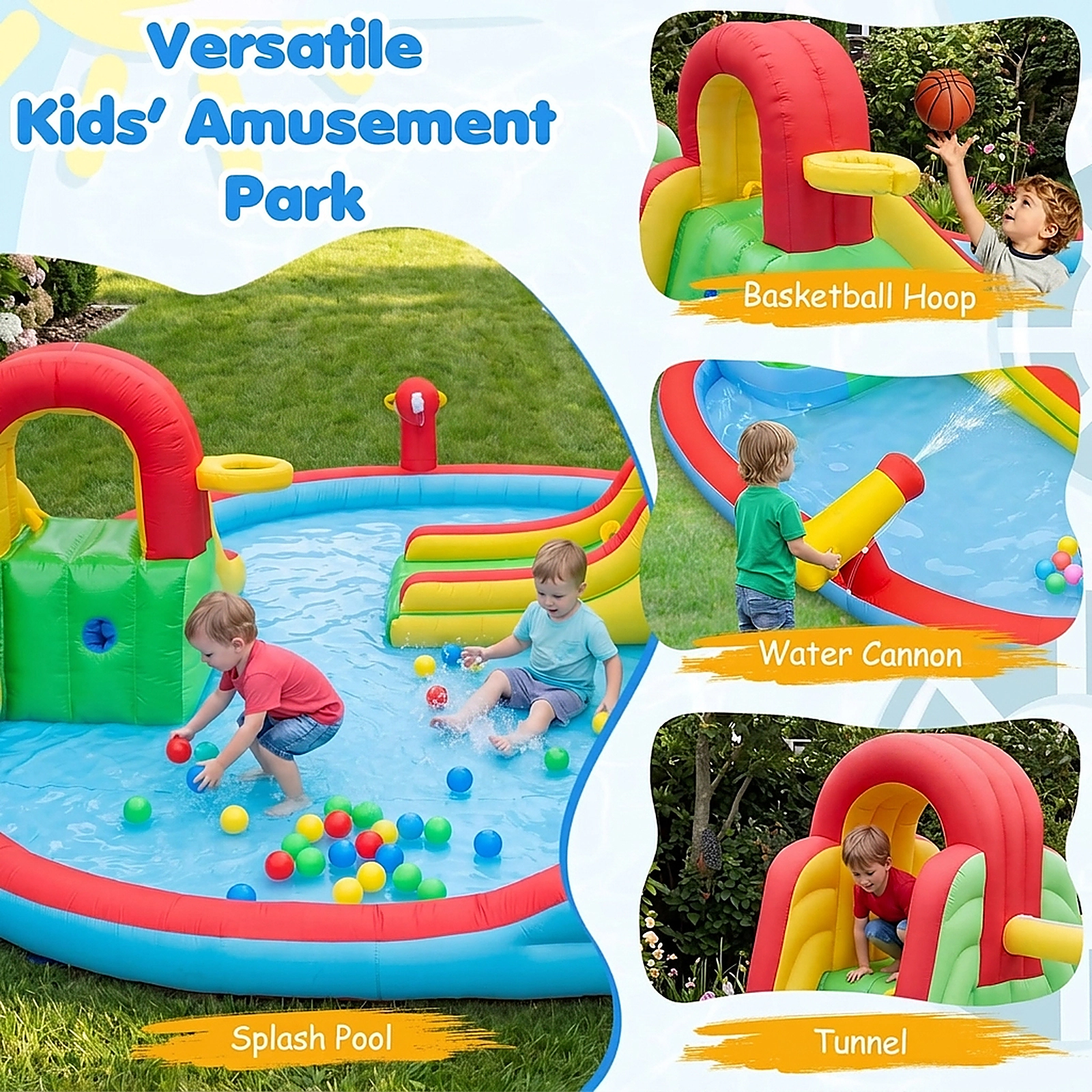 SUGIFT Kids Inflatable Bounce House Water Park with Splash Pool and 3 Water Slides 100-lb Capacity Ages 3-12 Multi-Color