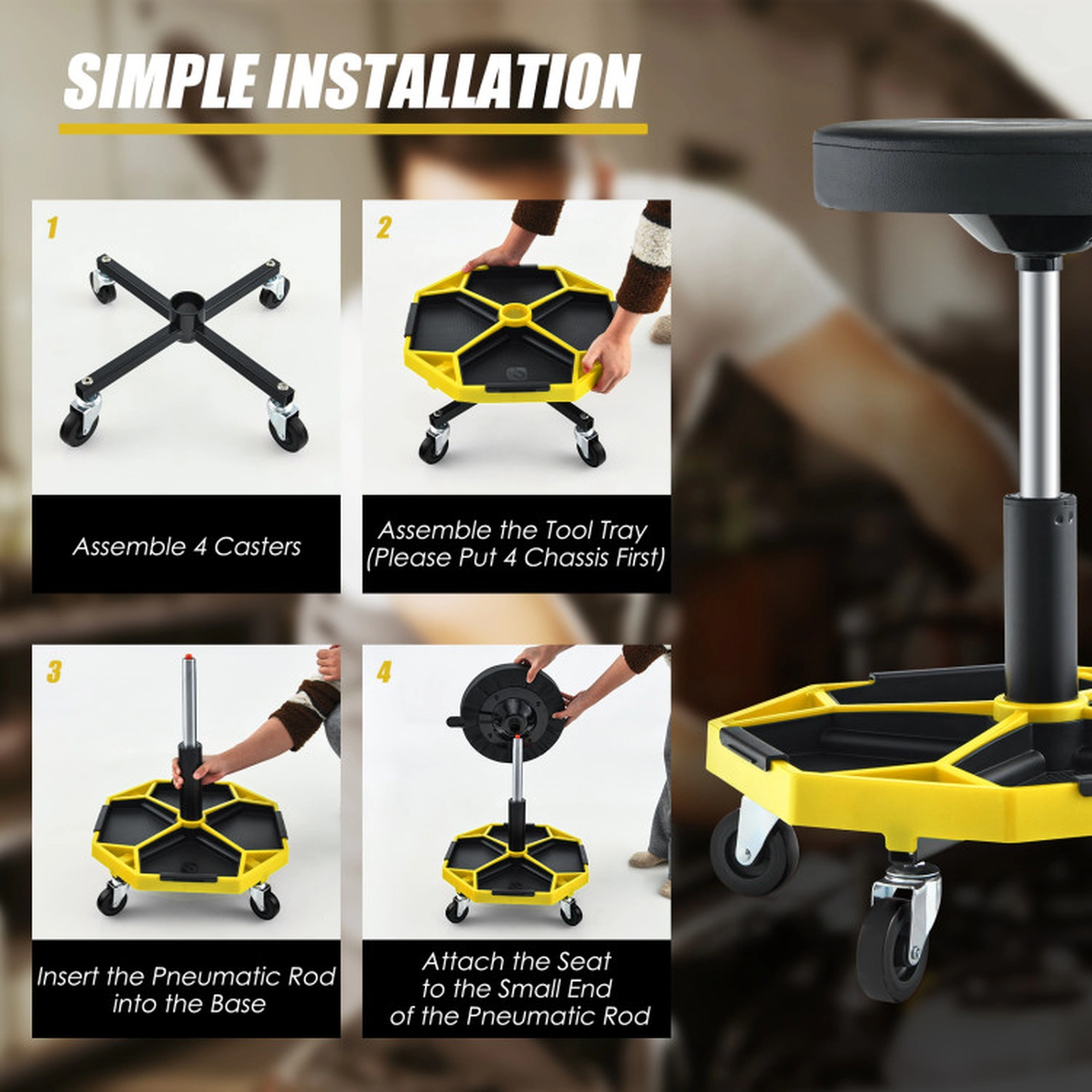 SUGIFT 4 Removable Chassis Magnetic Tool Tray Pneumatic Rolling Mechanic Stool 20-in x 20-in x 16-in 330-lb Yellow