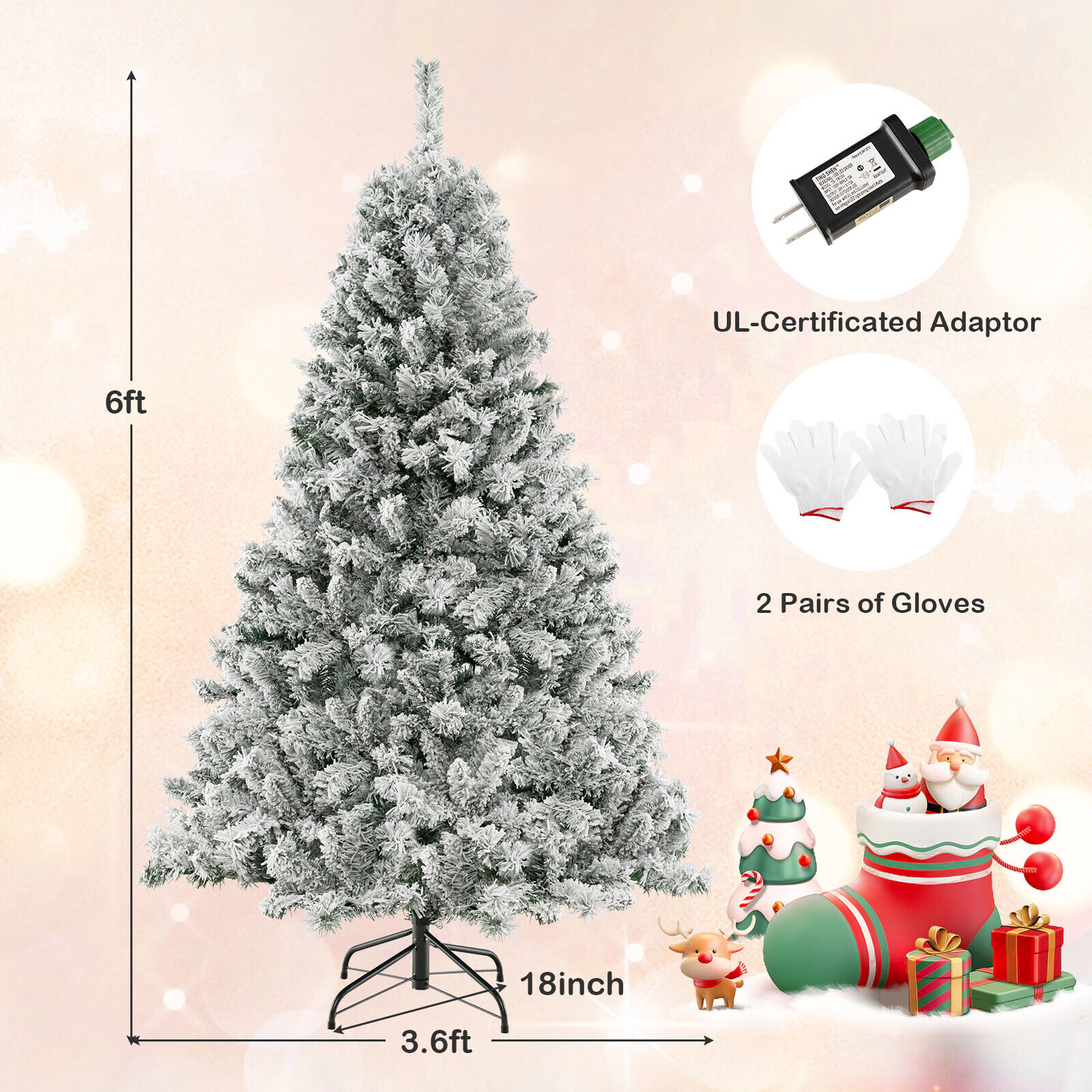 SUGIFT 3-Minute Quick Shape Flocked Artificial Christmas Tree with Warm White LED Lights 6 ft Green & White
