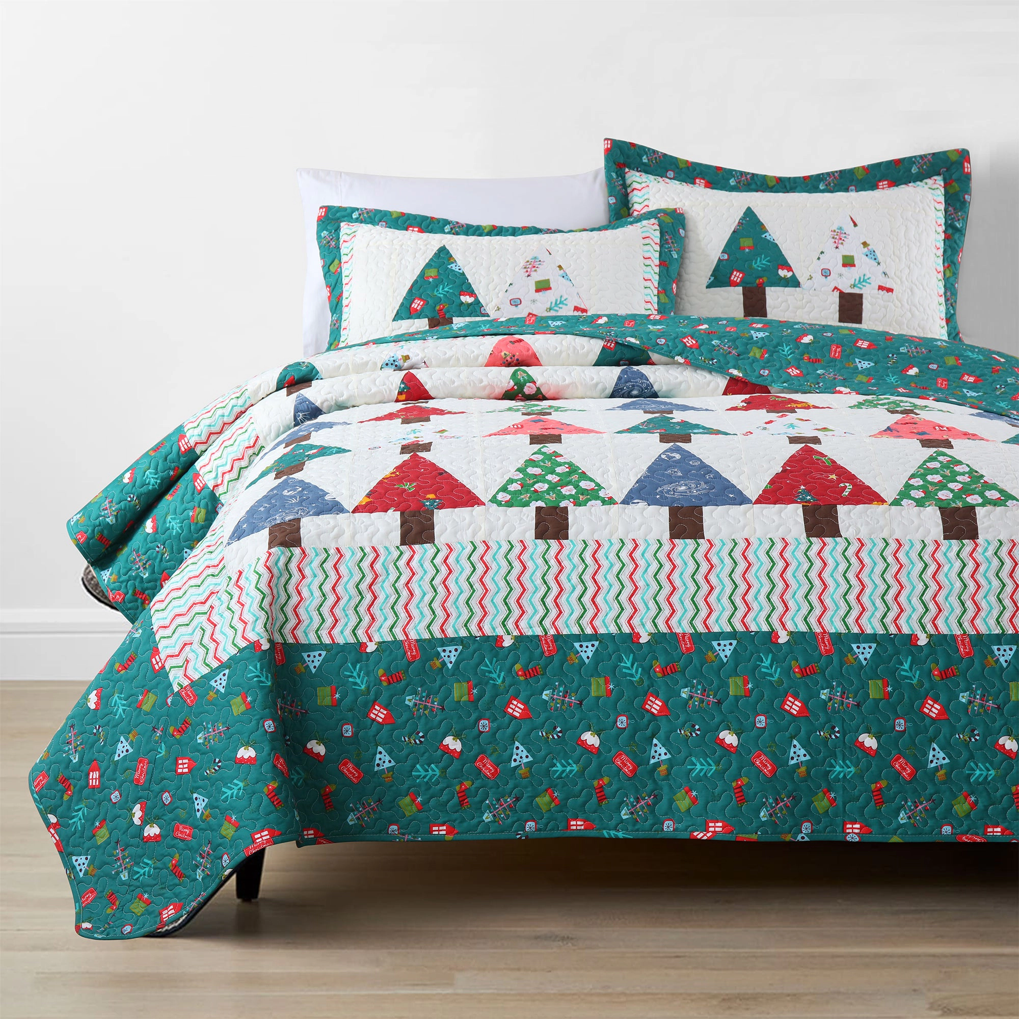 MarCielo 3 Piece Christmas Quilt Set, Christmas Tree Bedspread Set