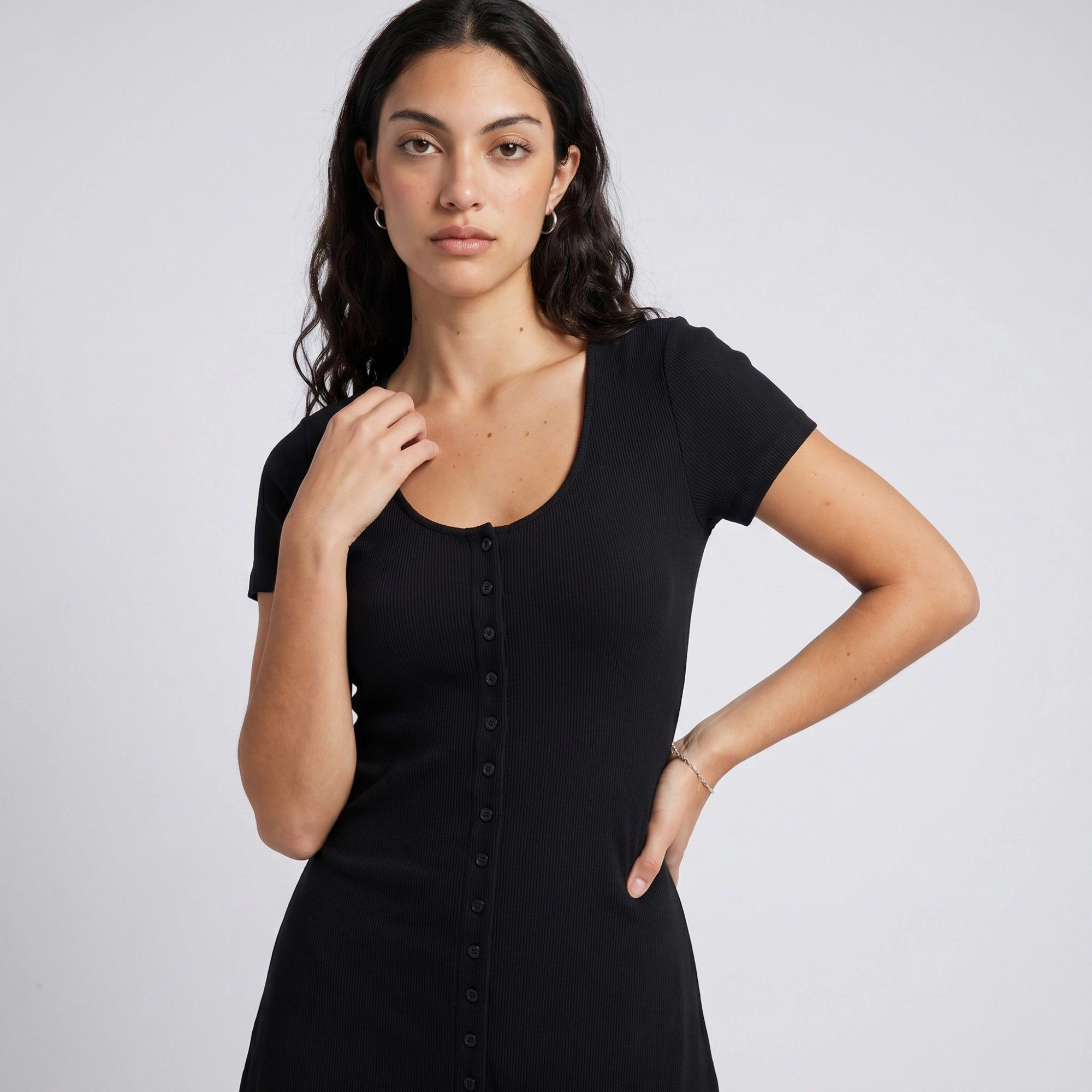 Anna-Kaci Women's Short Sleeve Rib Knit Mini Dress with Button Front and Scoop Neck