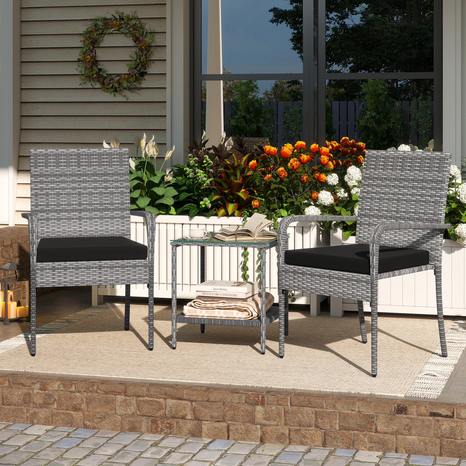LJG 3 Piece Patio Furniture Set with Seat Cushions and Tempered Glass Tabletop for Balcony