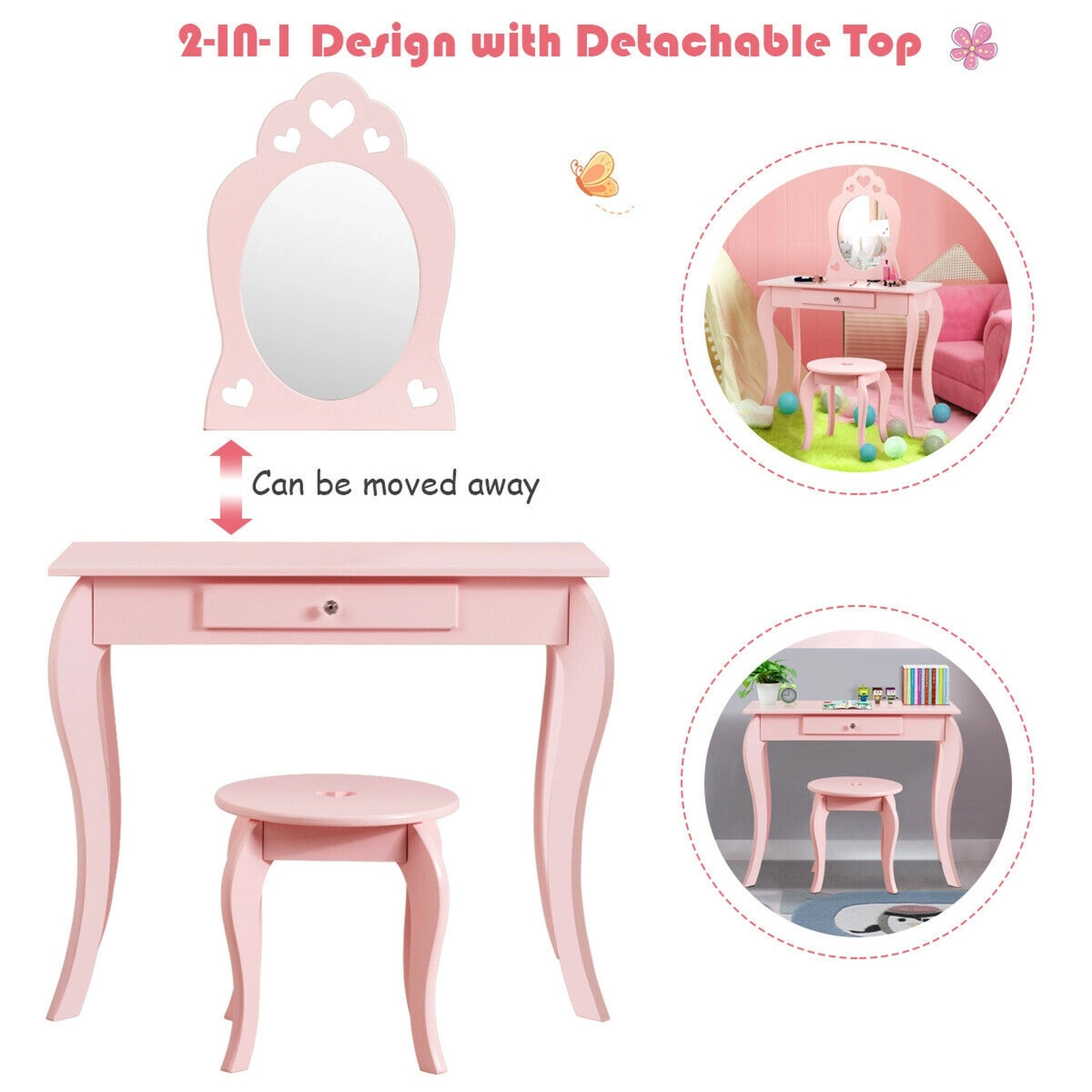 SUGIFT Kids Princess Makeup Vanity Table and Stool Set with Mirror 33-lb Table 66-lb Stool Capacity Pink/White 2-Piece