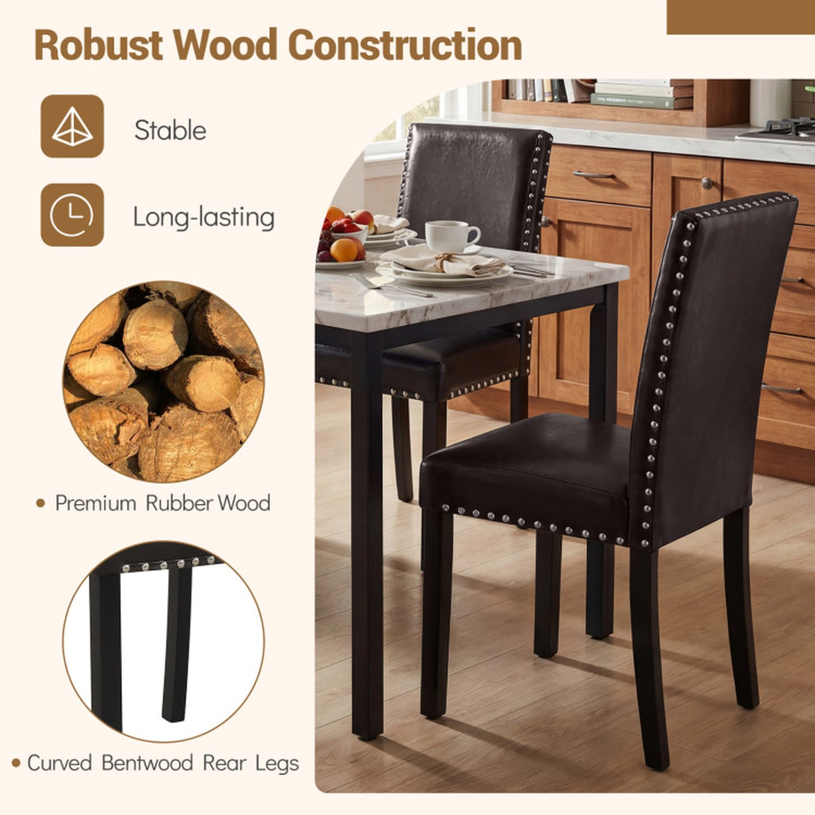 SUGIFT Set of 2 Brown Faux Leather Parsons Dining Chairs with Nailhead Trim