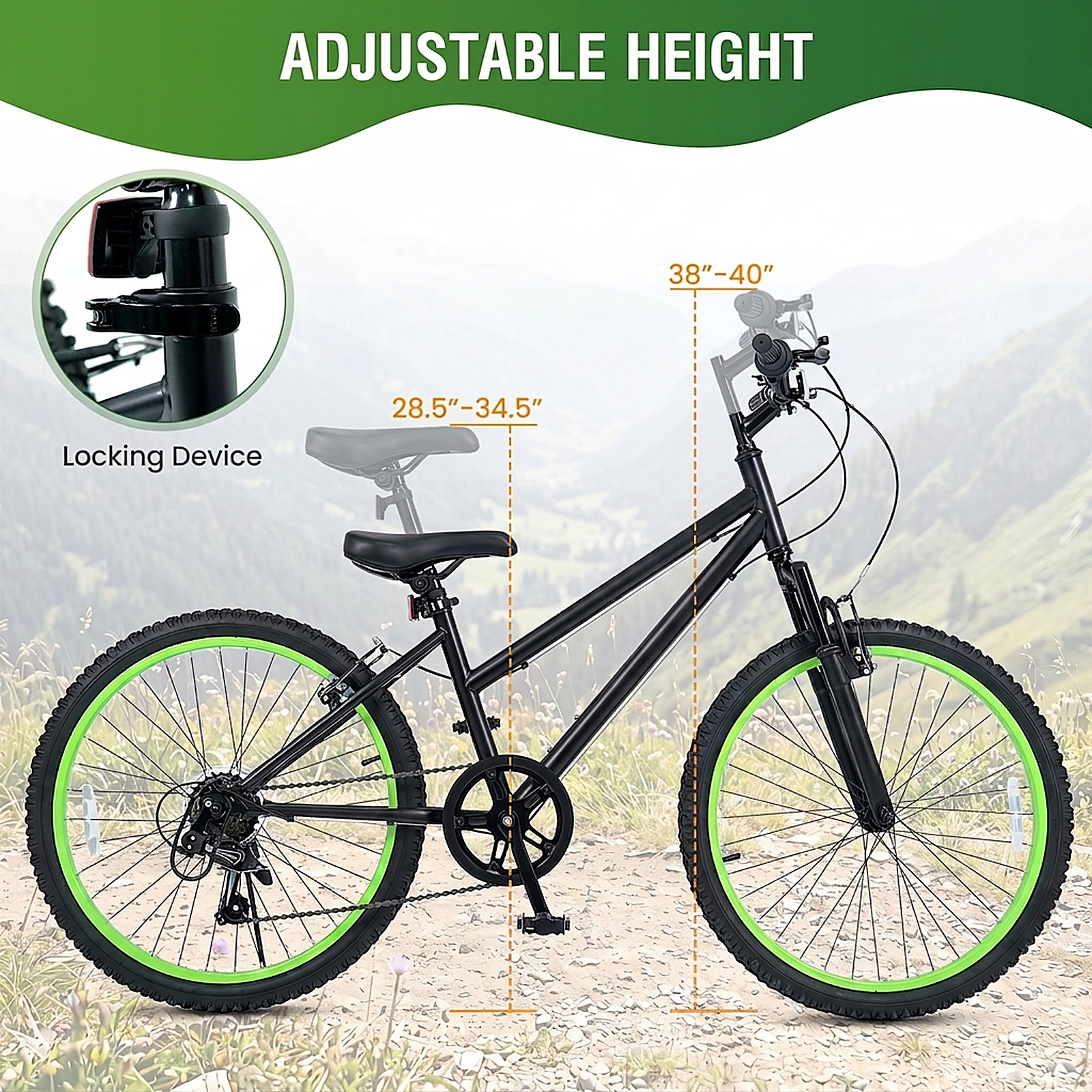 SUGIFT Adjustable 24-Inch Kids Mountain Bike with 7-Speed Derailleur and Suspension Fork 220-lb Capacity Ages 8+ Black