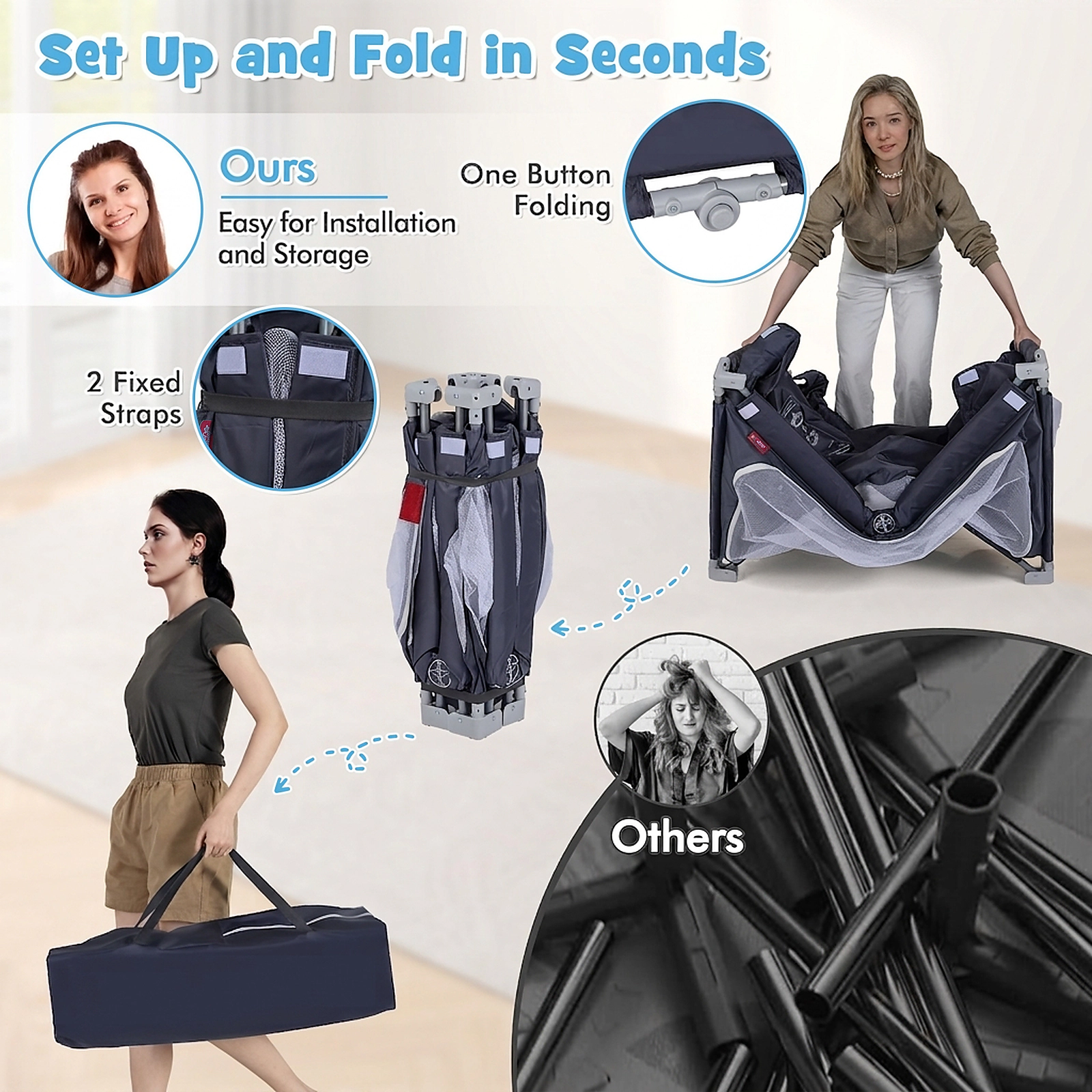SUGIFT Large Foldable Baby Playpen Safety Fence with Zipper Door Ages 0-3 Years Dark Gray