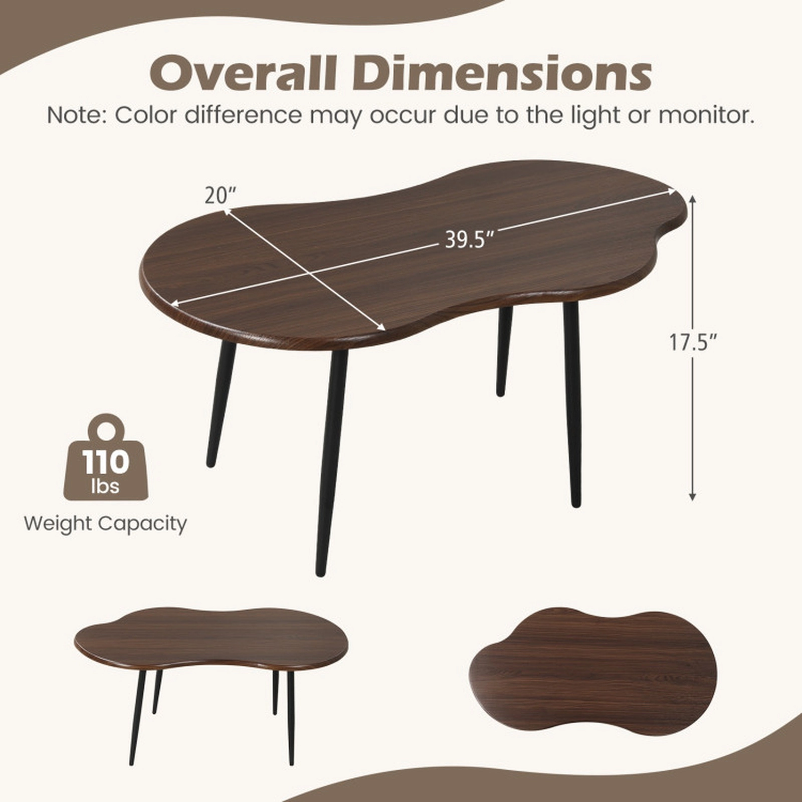 SUGIFT Cloud Shape Irregular Coffee Table 110-lb Capacity Walnut