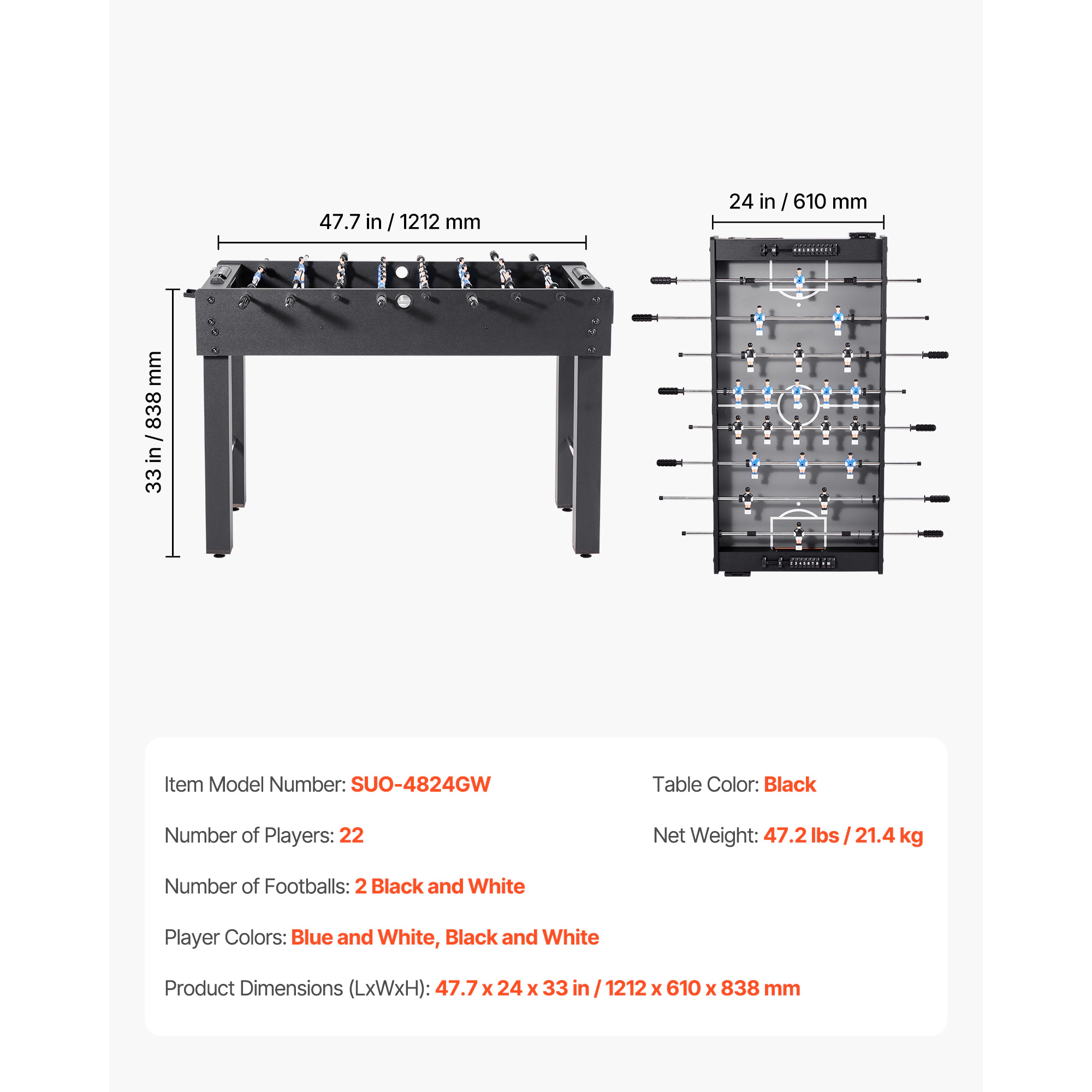 HONGGE Foosball Table Standard Indoor Full Tables for Home Family and Game Room Durable Soccer
