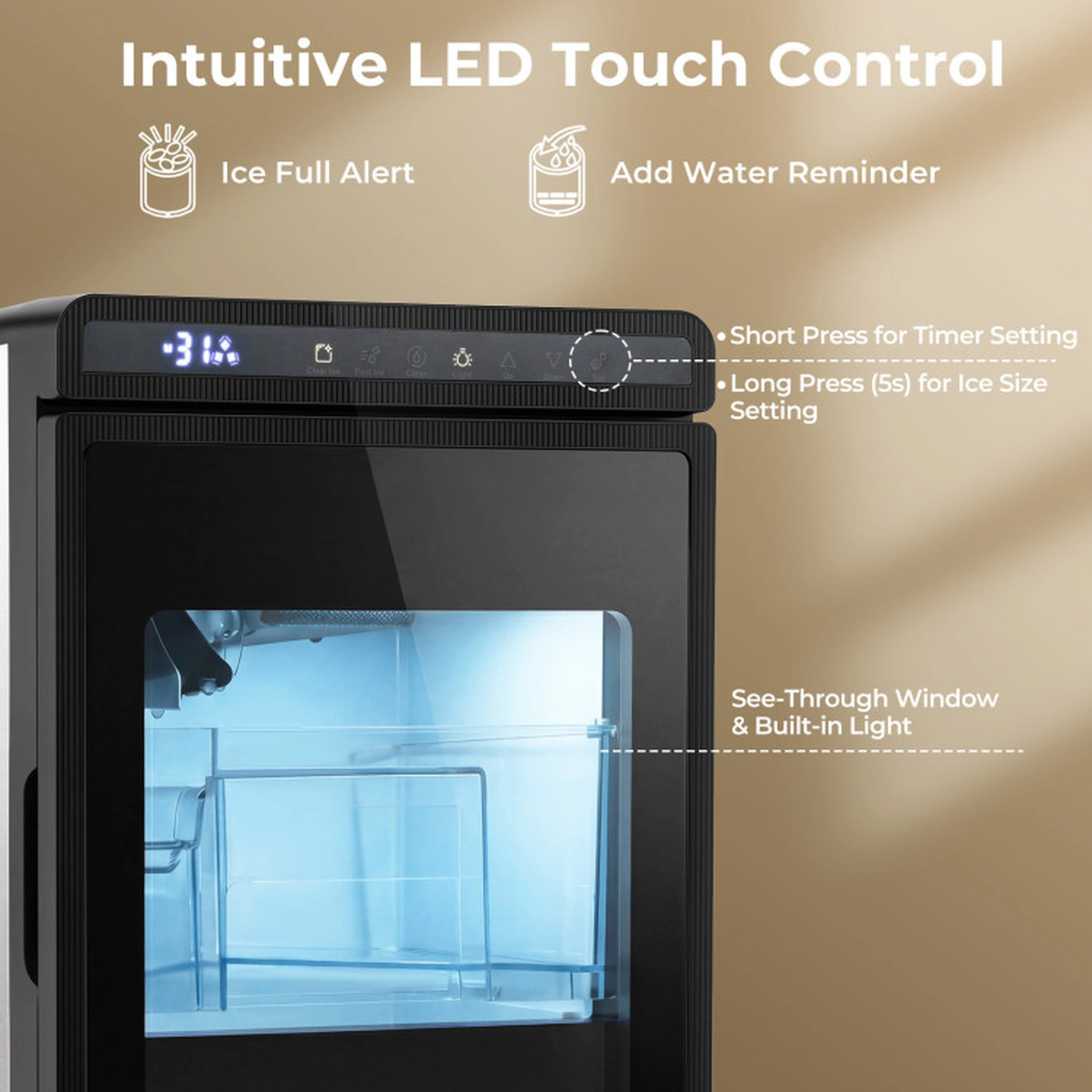 SUGIFT Countertop Clear Ice Maker with 1.6-in Large Square Cubes 26-lb Daily Output and Self-Cleaning