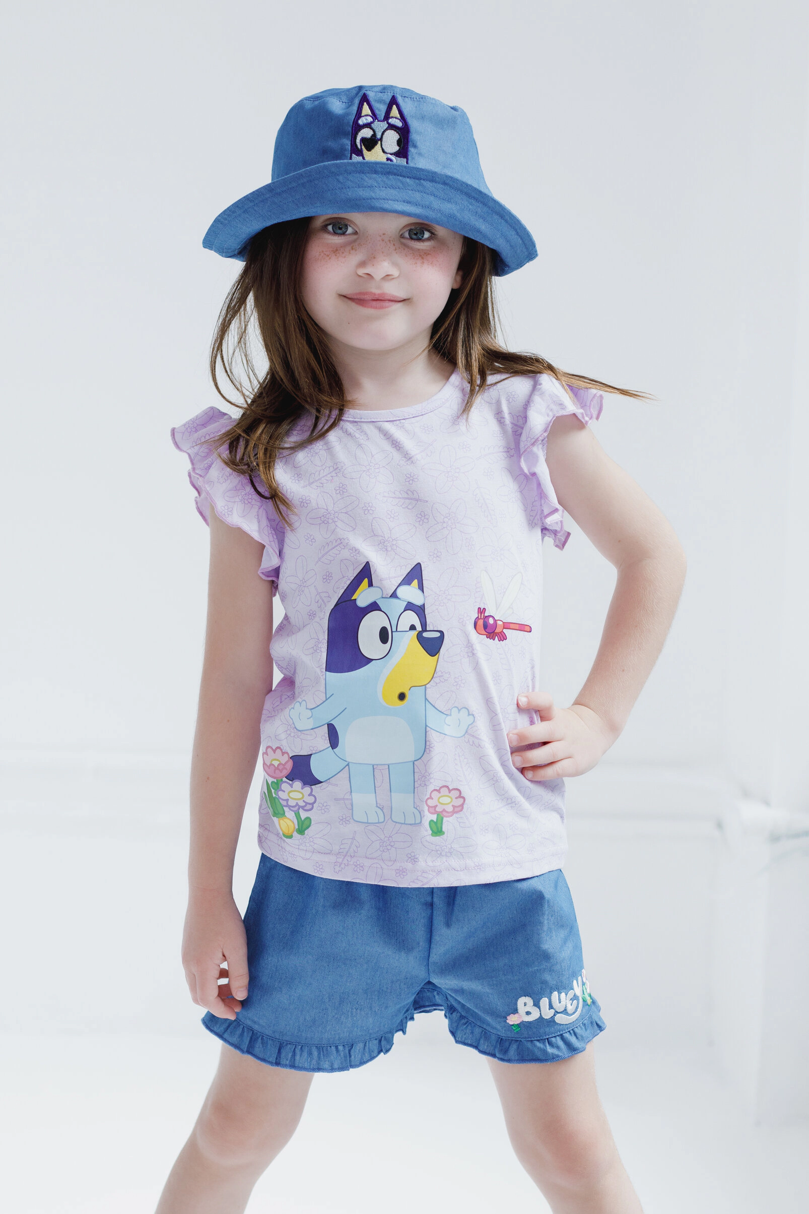 Bluey Girls' 3-Piece Top Shorts and Hat Set