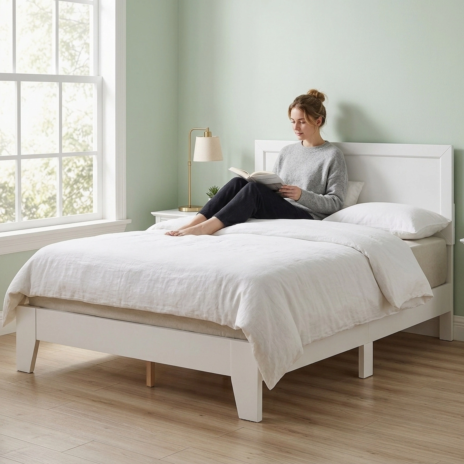 Queen Size Modern Wood Platform Bed Frame with Mid-Century Headboard Tapered Legs Wooden Slat Support White