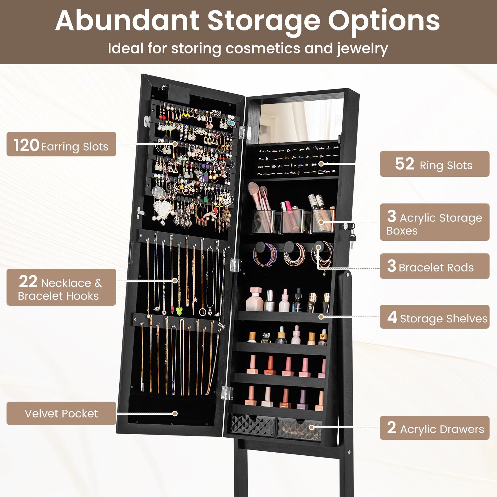 SUGIFT 61.5-in Black Full-Length Mirror Jewelry Armoire with 20 Warm Lights 4 Tilt Angles and Velvet Lining