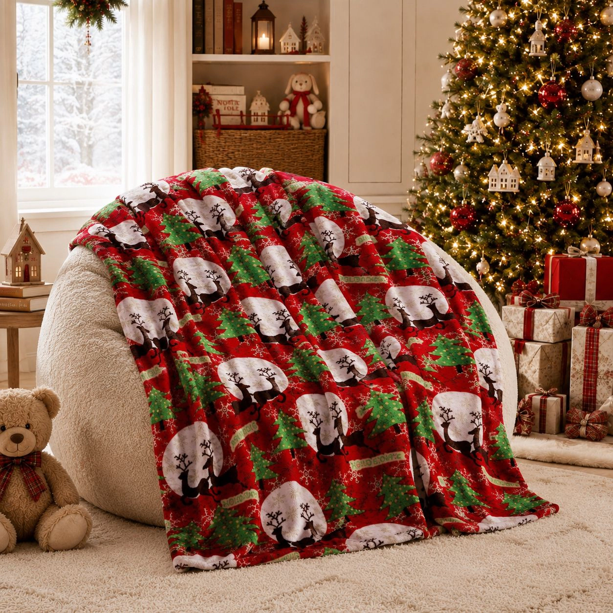 Kate Aurora Holiday Living Christmas Holiday Magical Reindeer Plush Accent Red Throw Blanket