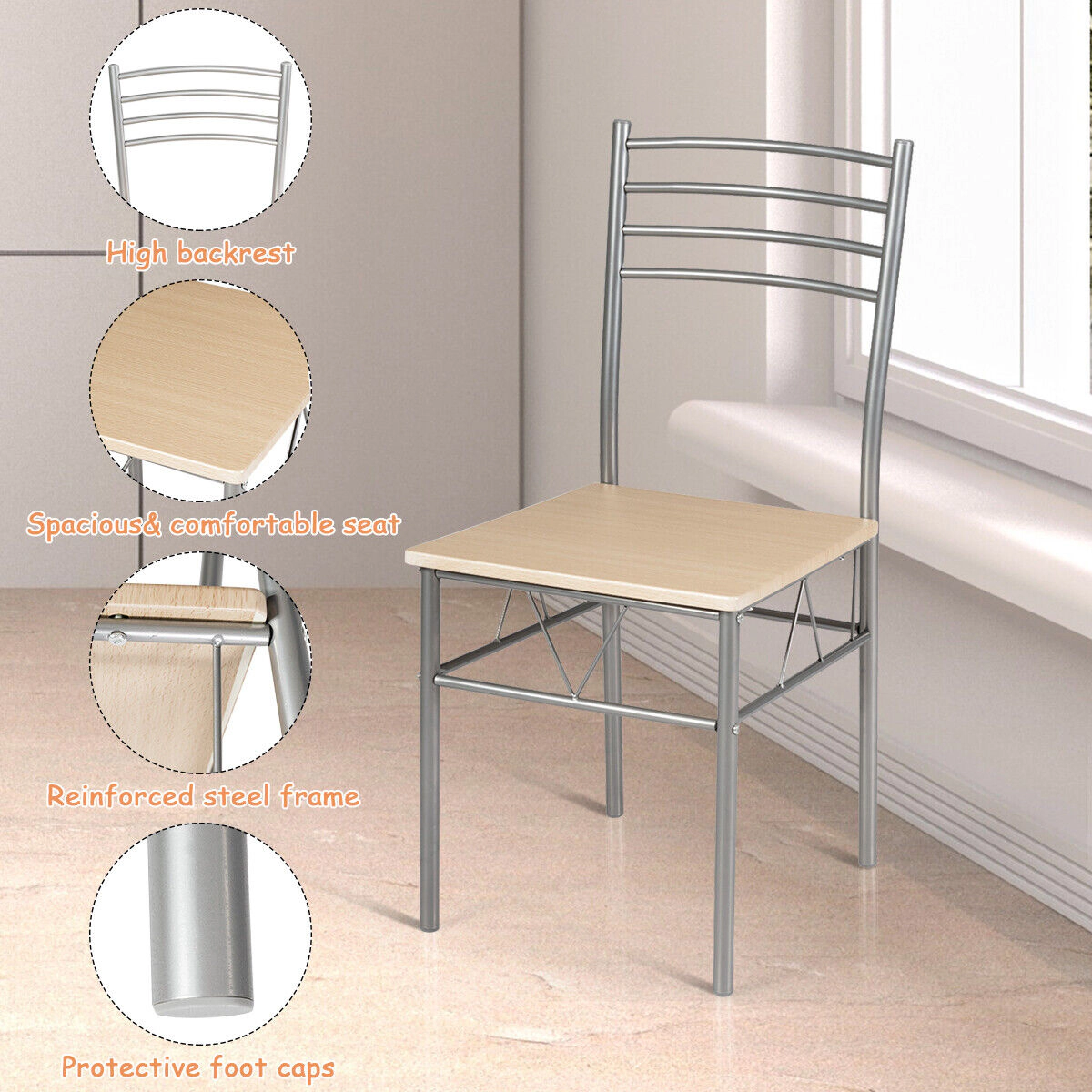 SUGIFT 5-Piece Silver 42-Inch Tempered Glass Dining Set with 4 High-Back Armless Chairs